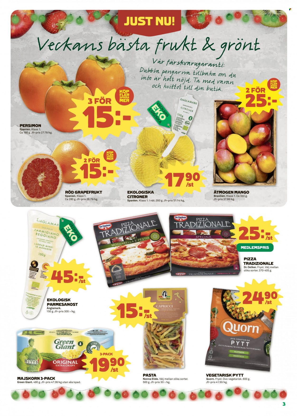 thumbnail - Coop reklamblad - 29/11 2021 - 5/12 2021 - varor från reklamblad - mango, kaki, grapefrukt, Dr. Oetker, citroner, pizza, Quorn, parmesan, mozzarella, pasta, pesto. Sida 3.