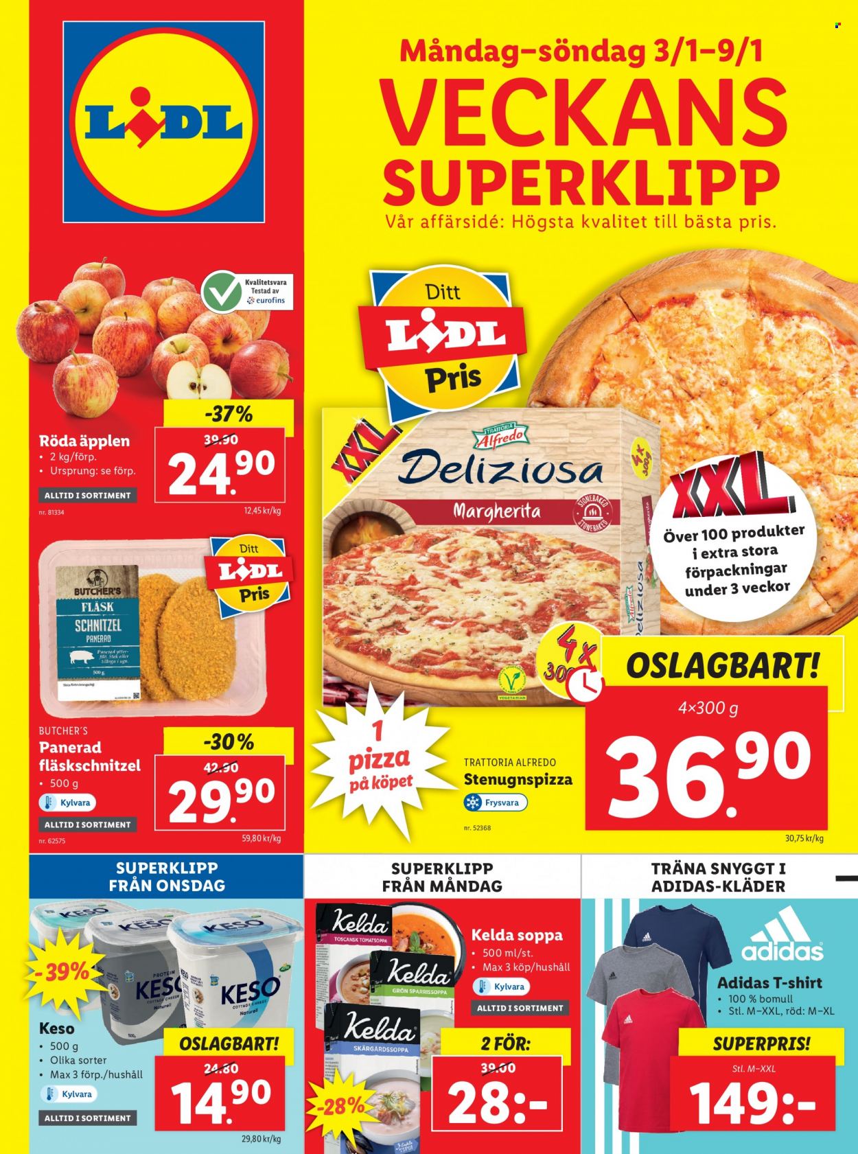 thumbnail - Lidl reklamblad - 3/1 2022 - 9/1 2022 - varor från reklamblad - äpplen, fläskschnitzel, T-shirt, pizza, soppa. Sida 1.