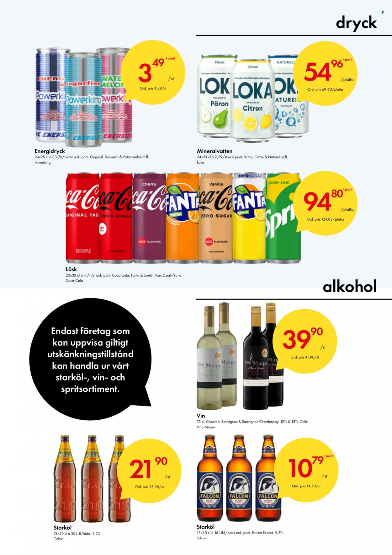 thumbnail - Axfood Snabbgross reklamblad - 3/1 2022 - 16/1 2022 - varor från reklamblad - starköl, päron, vattenmelon, citroner, lök, Fanta, Sprite, Coca-Cola, energidryck, Falcon, Cabernet Sauvignon, chardonnay, vin. Sida 7.