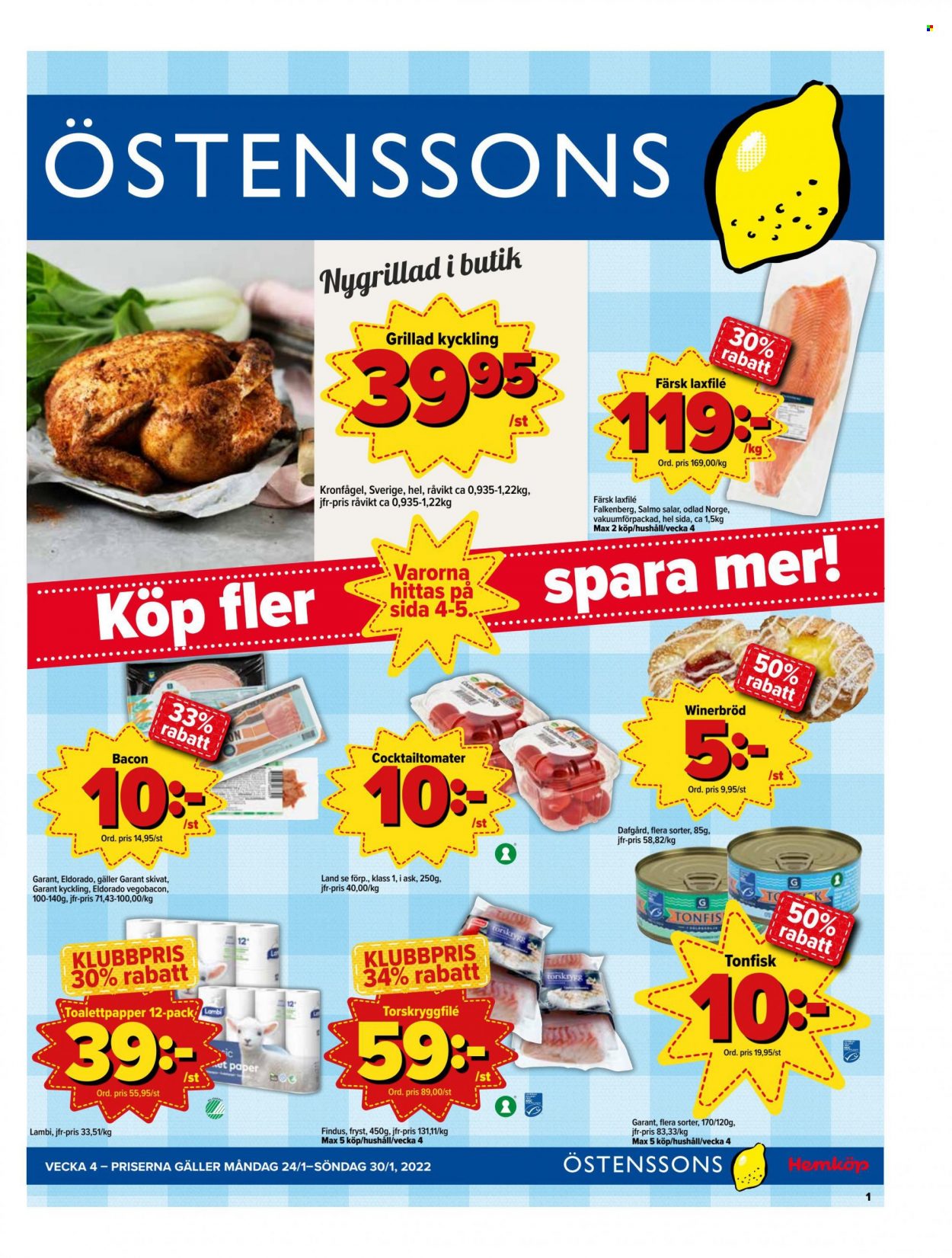 thumbnail - Östenssons reklamblad - 24/1 2022 - 30/1 2022 - varor från reklamblad - kyckling, grillad kyckling, lax, tonfisk, toalettpapper. Sida 1.