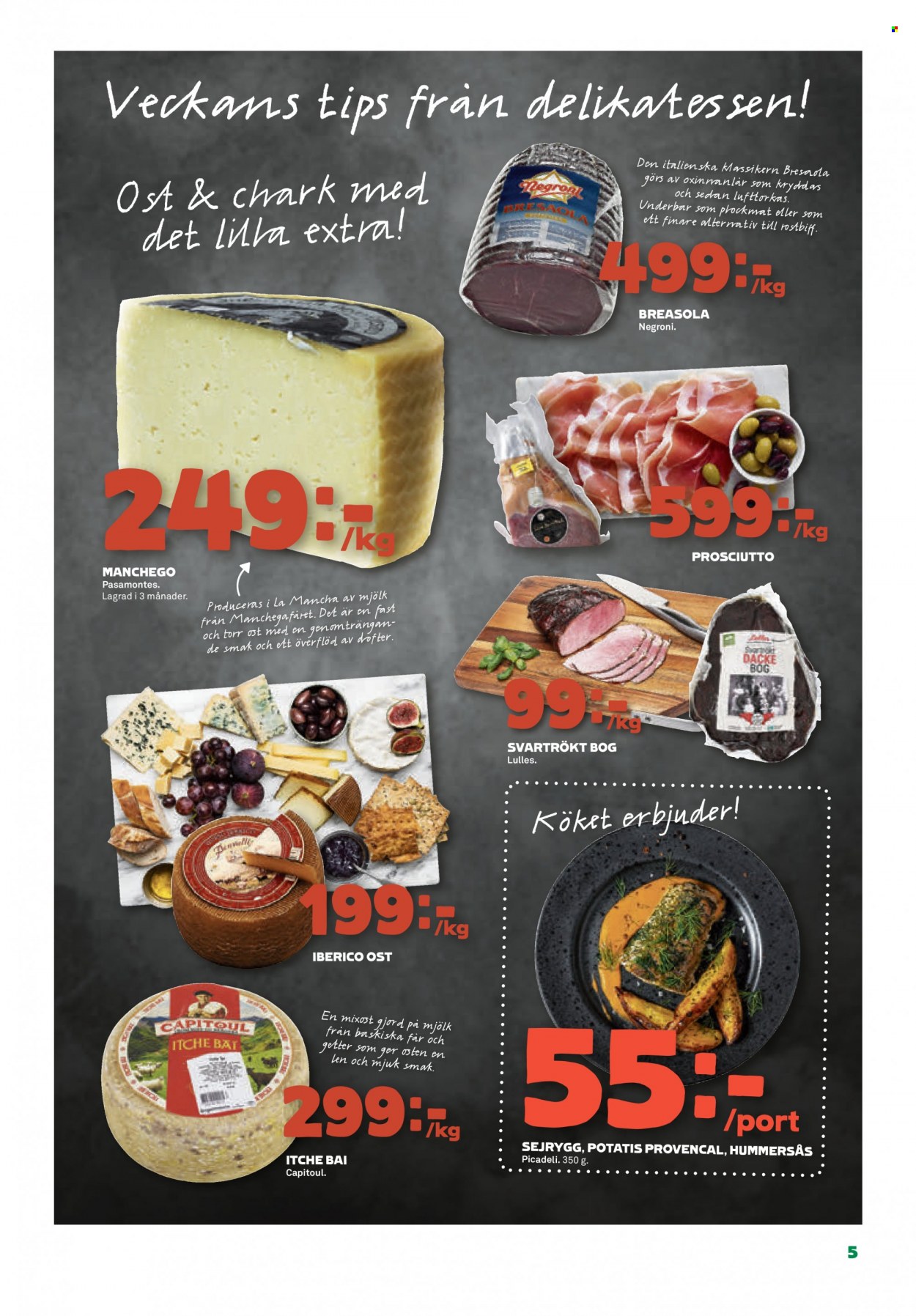 thumbnail - Coop reklamblad - 24/1 2022 - 30/1 2022 - varor från reklamblad - rostbiff, potatis, prosciutto, ost, manchego, mjölk. Sida 5.