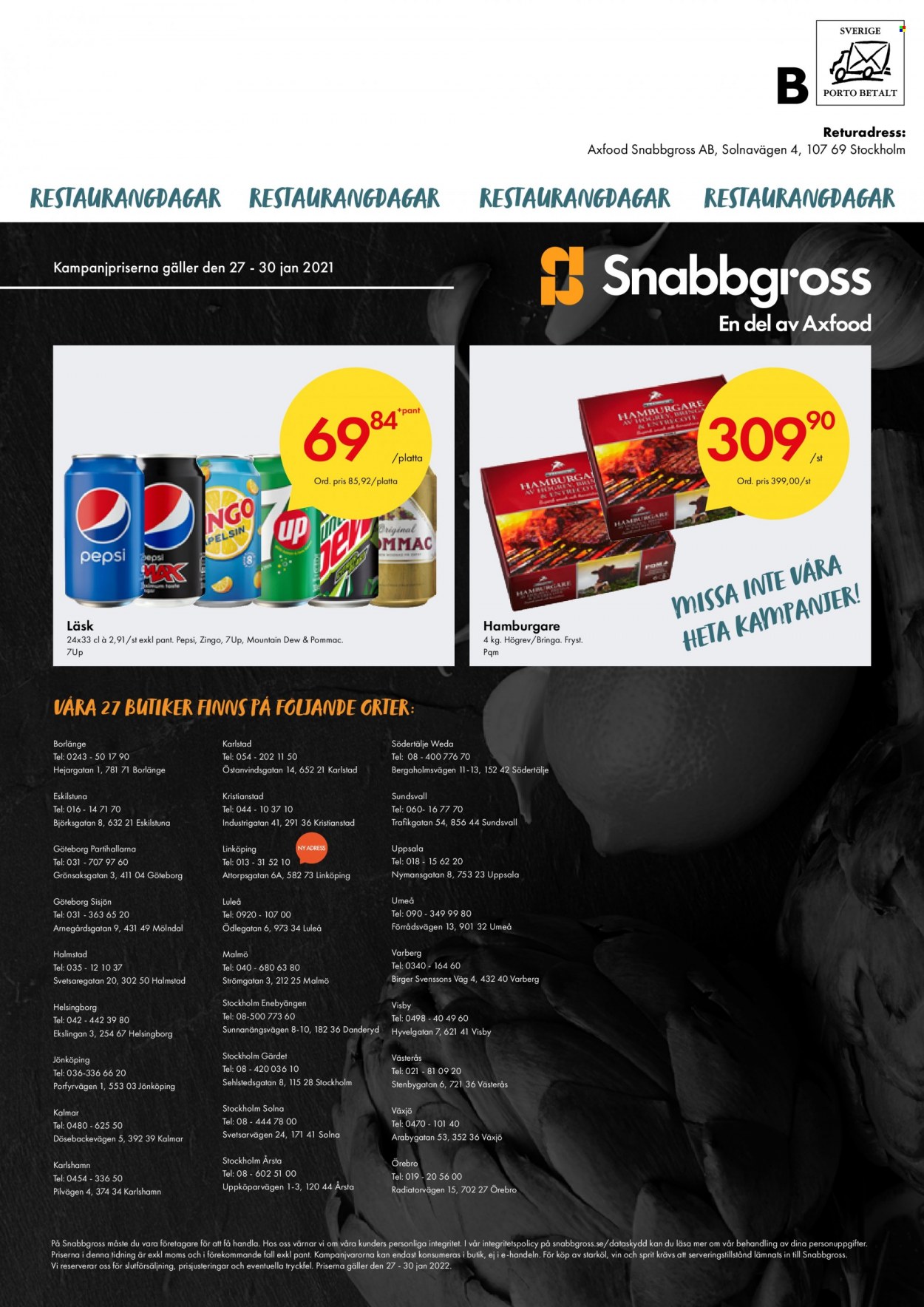 thumbnail - Axfood Snabbgross reklamblad - 27/1 2022 - 30/1 2022 - varor från reklamblad - starköl, högrev, hamburgare, Pepsi, Mountain Dew, 7UP, vin. Sida 12.