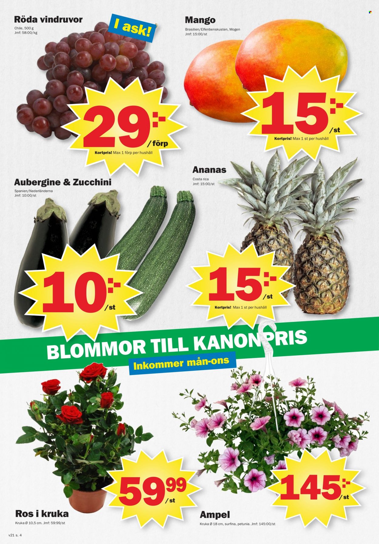 thumbnail - Pekås reklamblad - 23/5 2022 - 29/5 2022 - varor från reklamblad - mango, ananas, aubergine, zucchini, kruka. Sida 4.