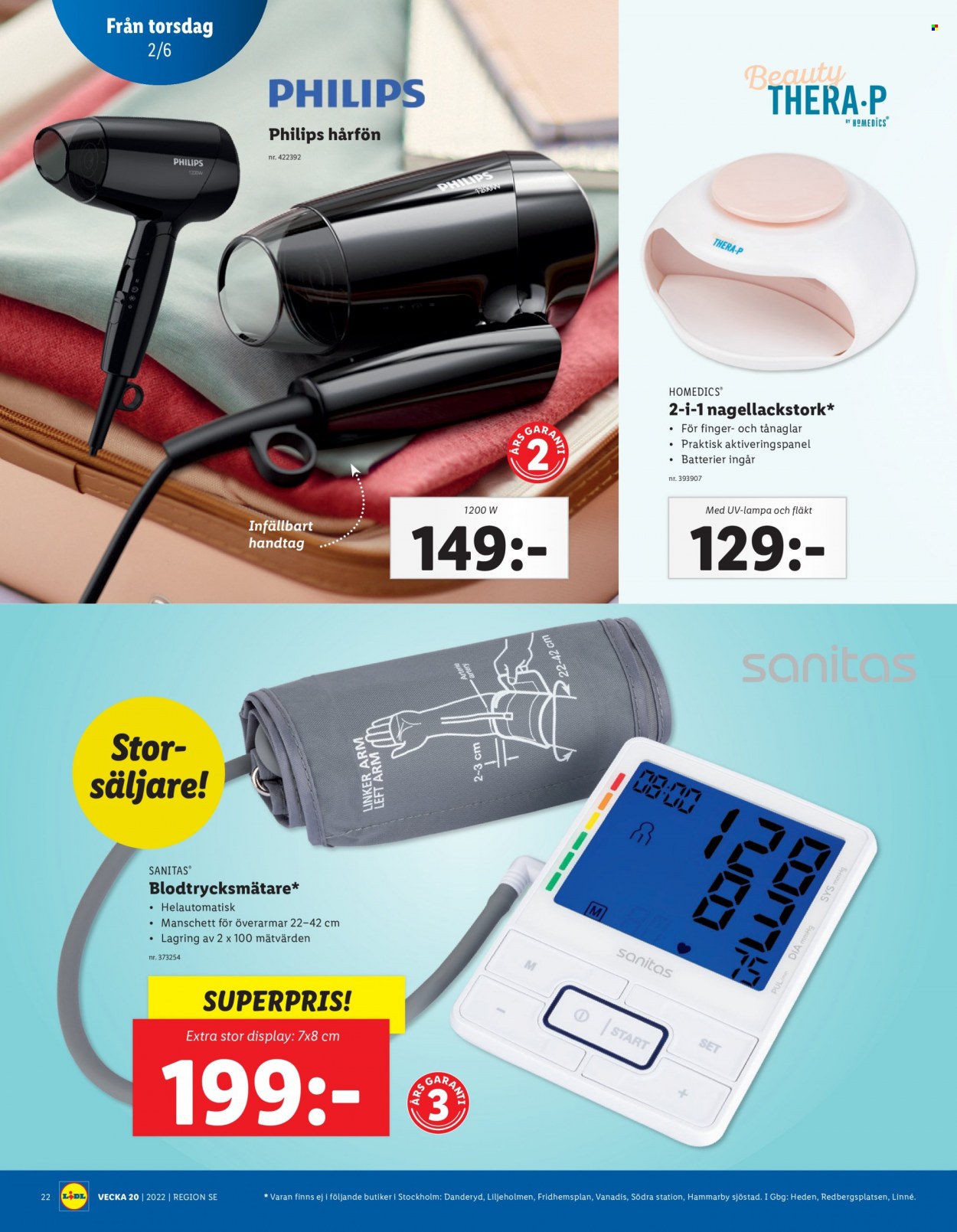thumbnail - Lidl reklamblad - 30/5 2022 - 5/6 2022 - varor från reklamblad - Philips, hårfön, lampa, blodtrycksmätare. Sida 24.