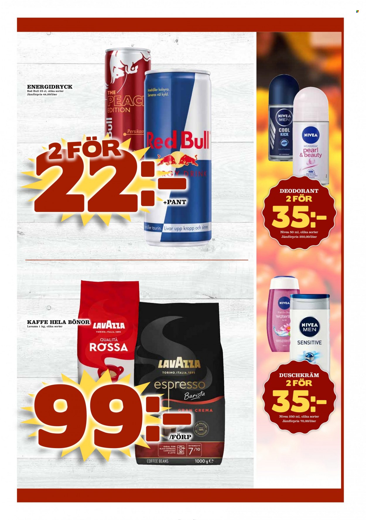 thumbnail - MatDax reklamblad - 23/5 2022 - 29/5 2022 - varor från reklamblad - energidryck, Red Bull, cappuccino, Lavazza, kaffe, kaffebönor, Nivea, deodorant, anti-perspirant. Sida 3.
