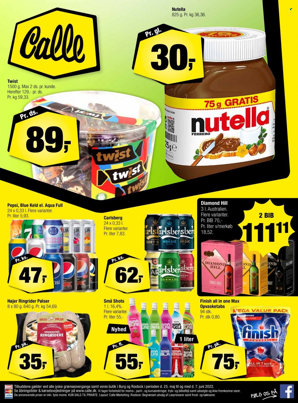 thumbnail - Calle reklamblad - 25/5 2022 - 7/6 2022 - varor från reklamblad - Carlsberg, Nutella, Pepsi, Finish. Sida 1.