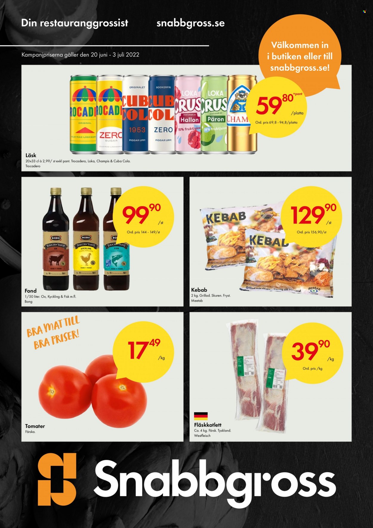 Axfood Snabbgross reklamblad - 20/6 2022 - 3/7 2022 - varor från reklamblad - päron, fläskkotlett, fläskkött, tomater, kebab, Trocadero, Cuba Cola. Sida 1.