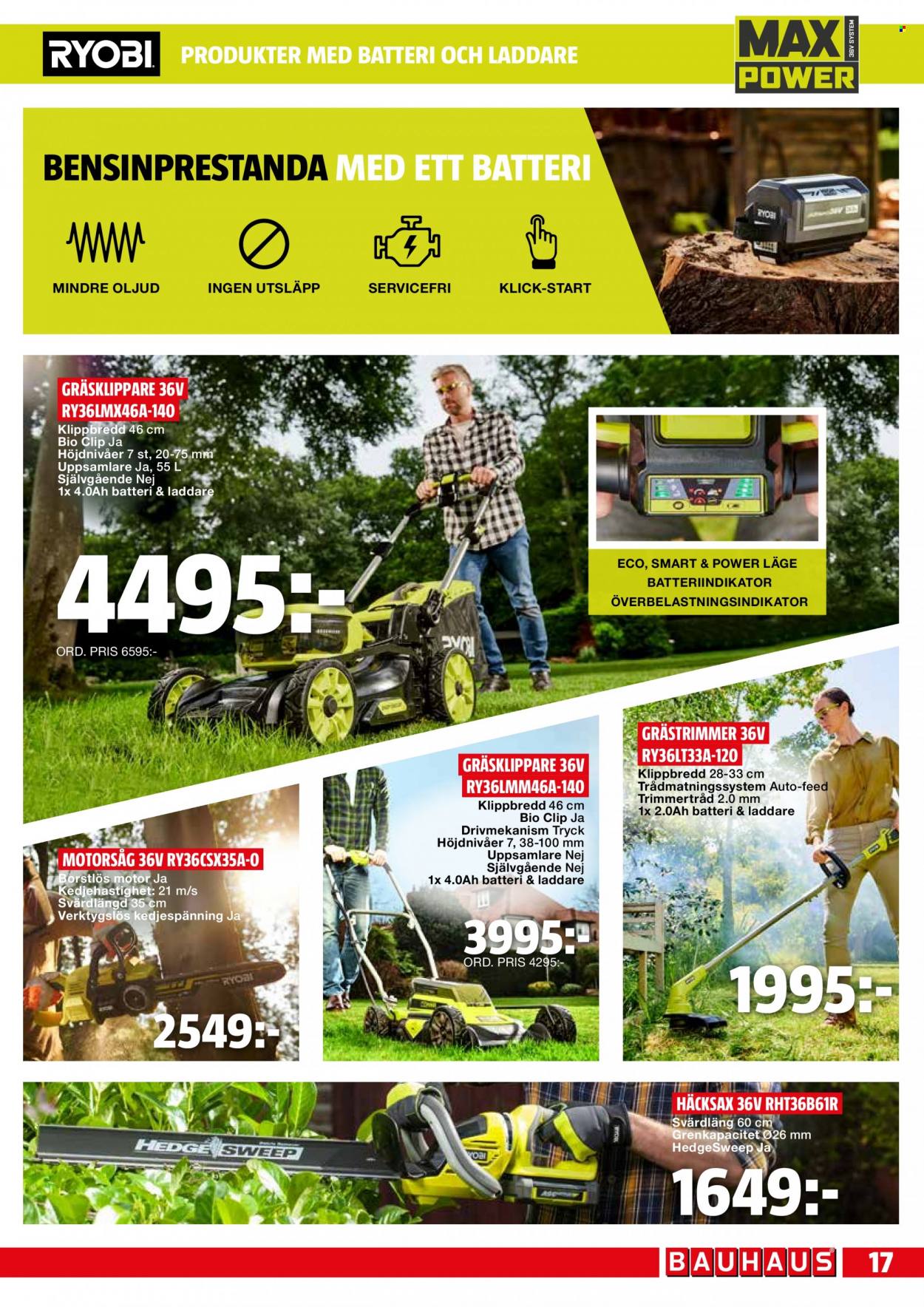 thumbnail - Bauhaus reklamblad - 20/6 2022 - 3/7 2022 - varor från reklamblad - motorsåg, gräsklippare, grästrimmer. Sida 17.