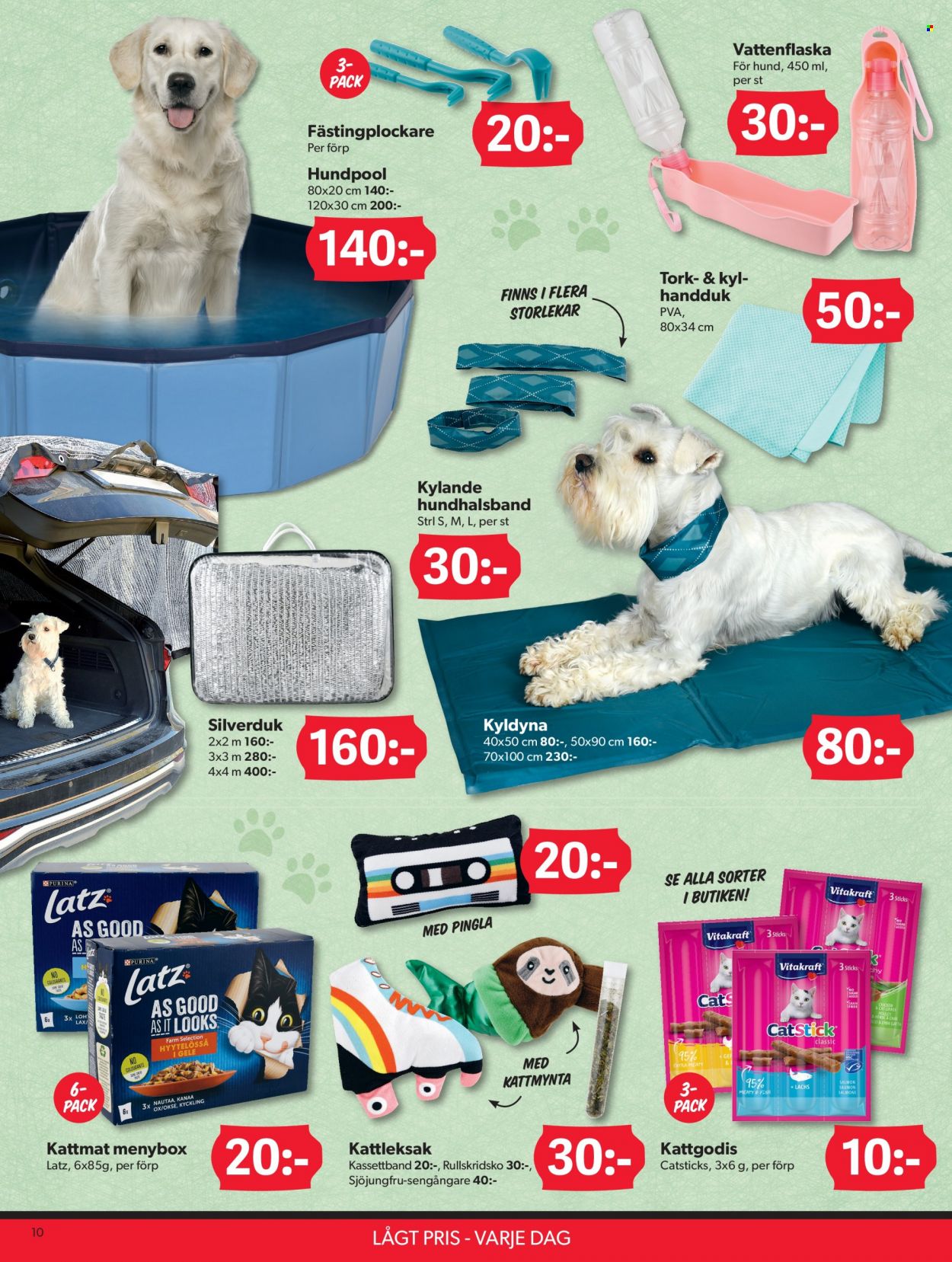 thumbnail - DollarStore reklamblad - 20/6 2022 - 20/7 2022 - varor från reklamblad - lax, vattenflaska, handduk, hund, Purina, kattmat. Sida 10.