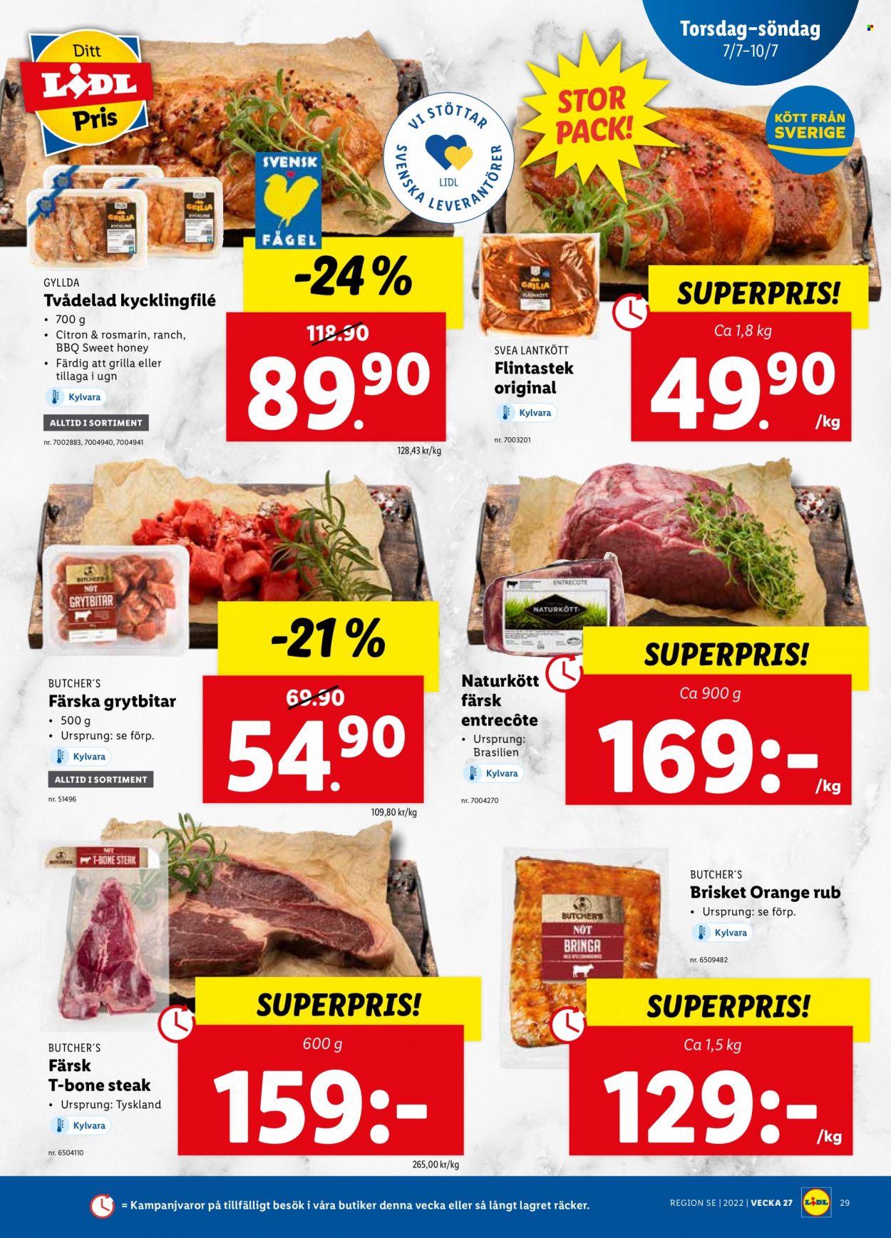 thumbnail - Lidl reklamblad - 4/7 2022 - 10/7 2022 - varor från reklamblad - stek, kycklingbröstfilé, citroner, entrecôte, t-bone steak, nötkött, ugn. Sida 29.