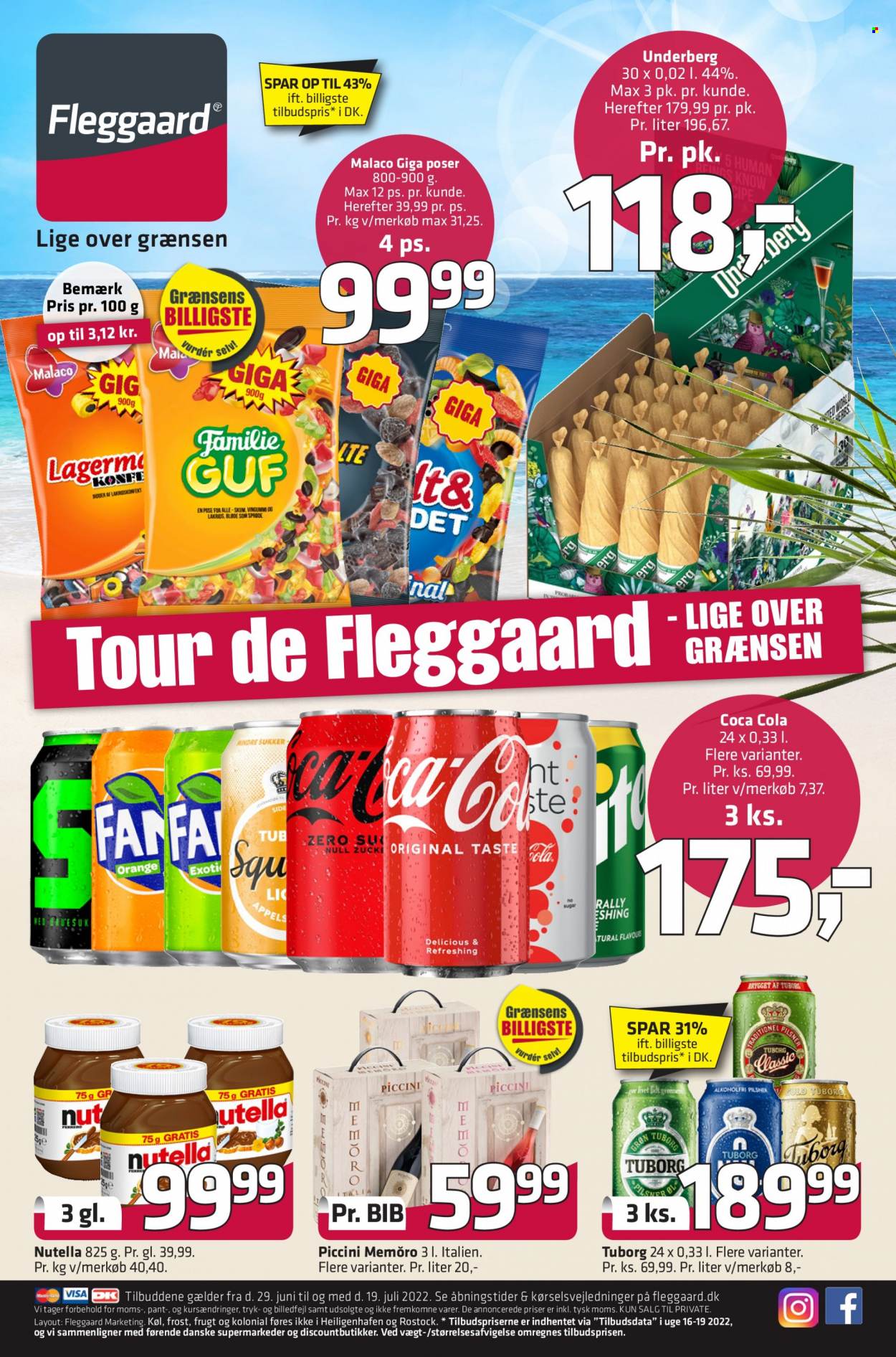thumbnail - Fleggaard reklamblad - 29/6 2022 - 19/7 2022 - varor från reklamblad - Tuborg, Nutella, Coca-Cola, Underberg, Via. Sida 1.