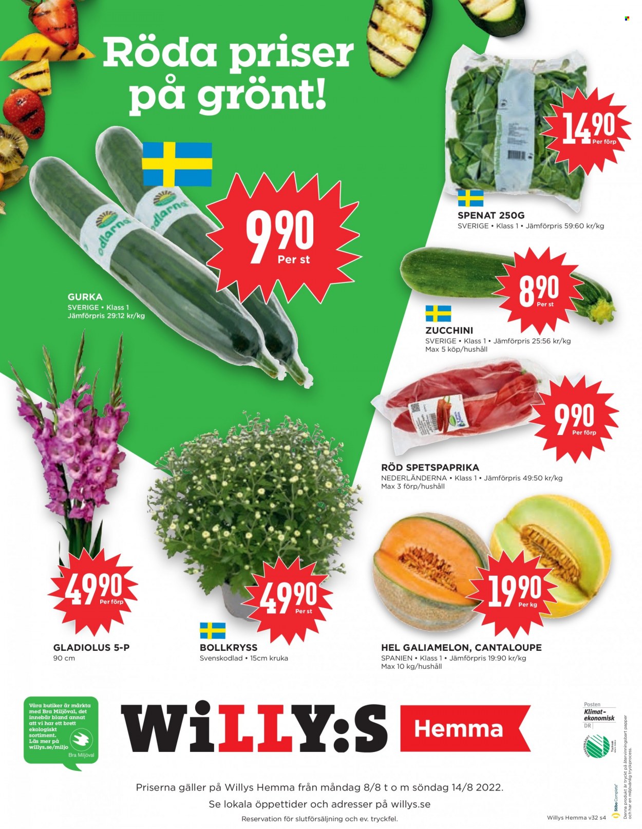 thumbnail - Willys reklamblad - 8/8 2022 - 14/8 2022 - varor från reklamblad - gurka, spenat, zucchini. Sida 4.