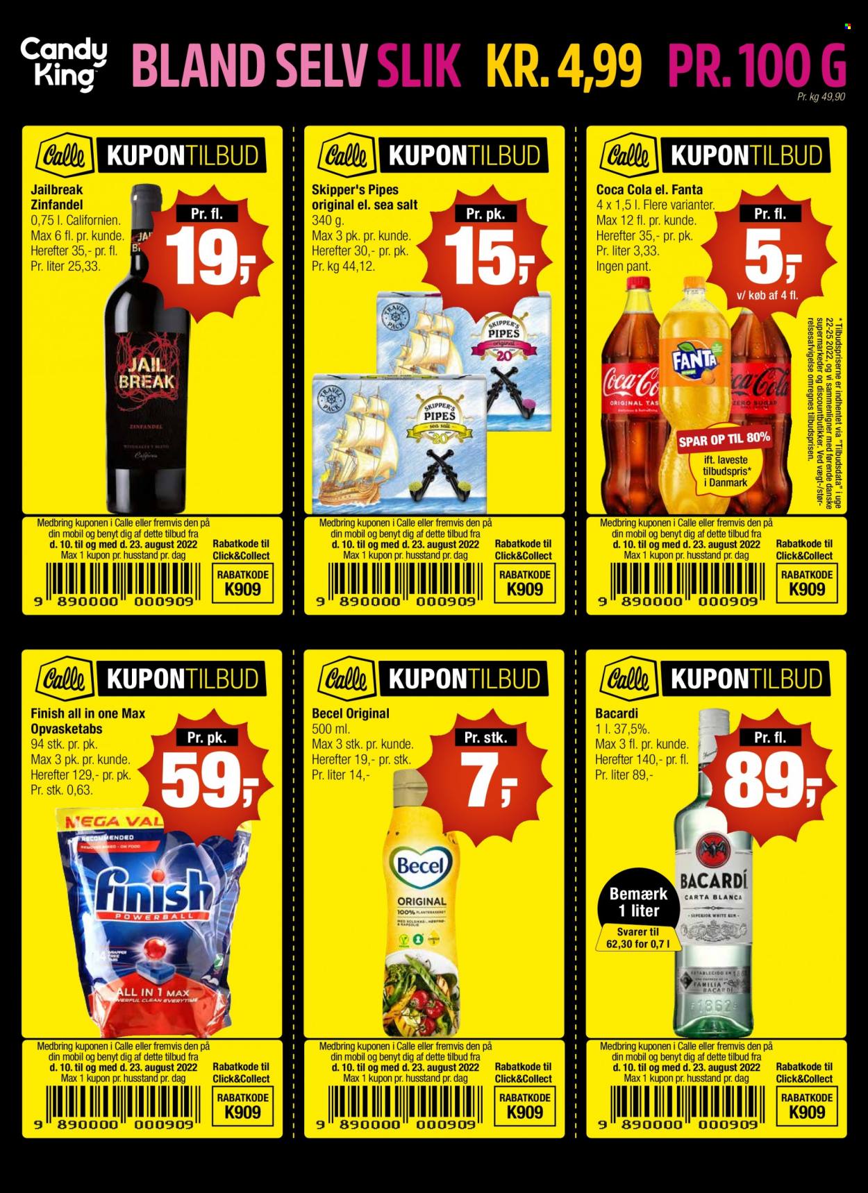 thumbnail - Calle reklamblad - 10/8 2022 - 23/8 2022 - varor från reklamblad - Bacardi, Fanta, Coca-Cola, Zinfandel, Via, Finish. Sida 1.