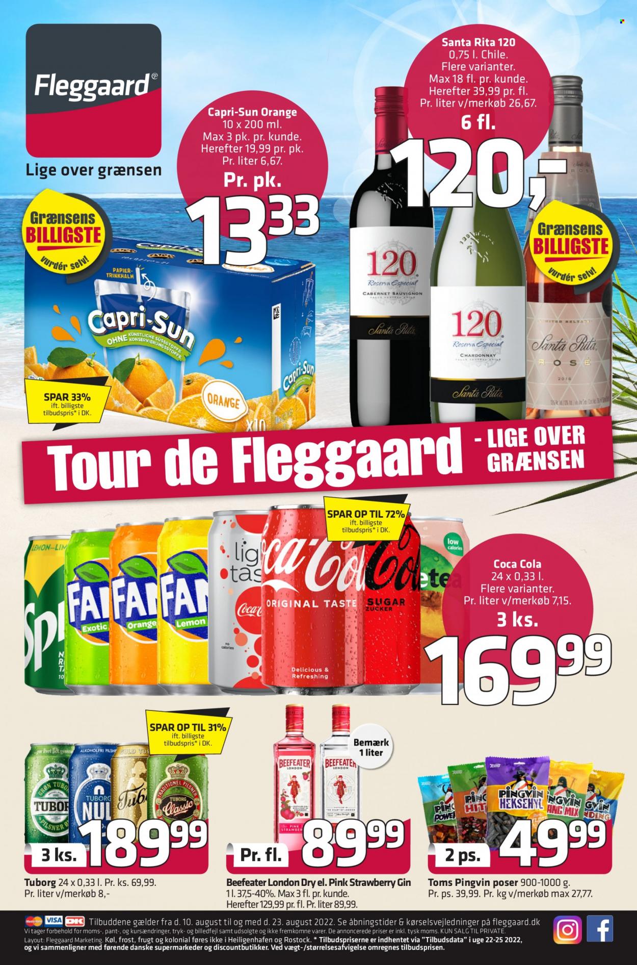 thumbnail - Fleggaard reklamblad - 10/8 2022 - 23/8 2022 - varor från reklamblad - Tuborg, pingvin, Capri Sun, Coca-Cola, Beefeater, gin, Via. Sida 1.