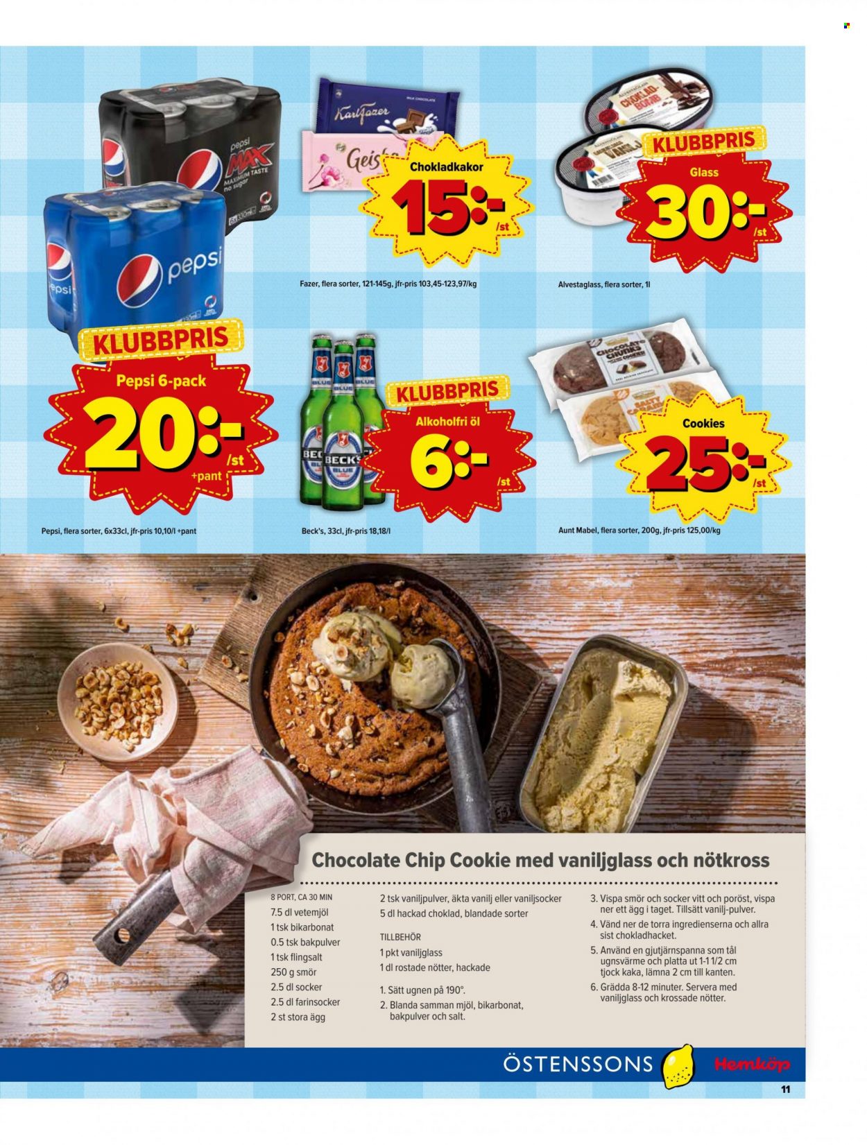 thumbnail - Östenssons reklamblad - 15/8 2022 - 21/8 2022 - varor från reklamblad - Beck's, öl, Fazer, vetemjöl, ägg, smör, cookies, chokladkakor, Pepsi. Sida 11.