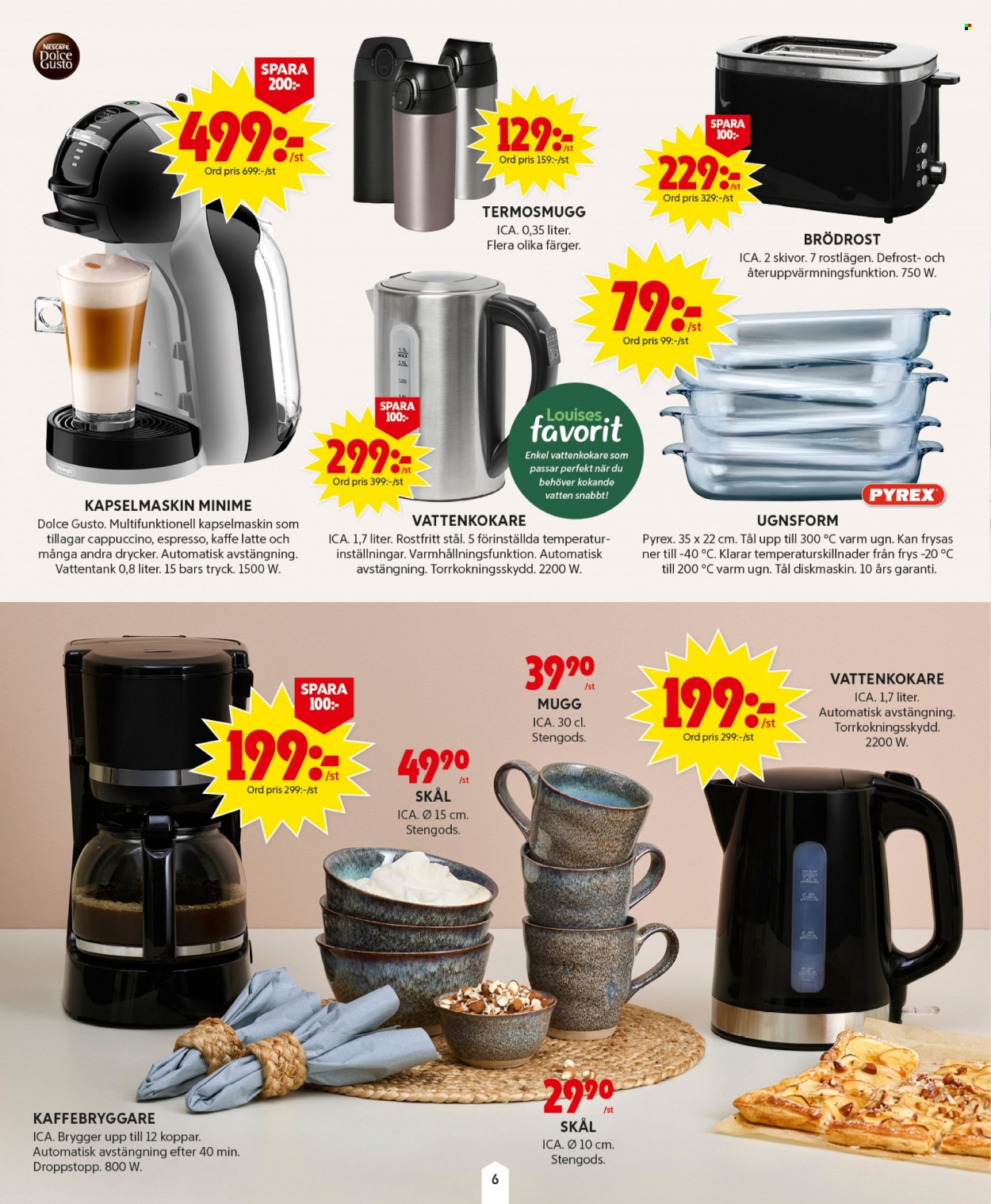 thumbnail - ICA reklamblad - 15/8 2022 - 21/8 2022 - varor från reklamblad - cappuccino, kaffe, mugg, skål, kaffebryggare, kapselmaskin, brödrost, vattenkokare. Sida 6.