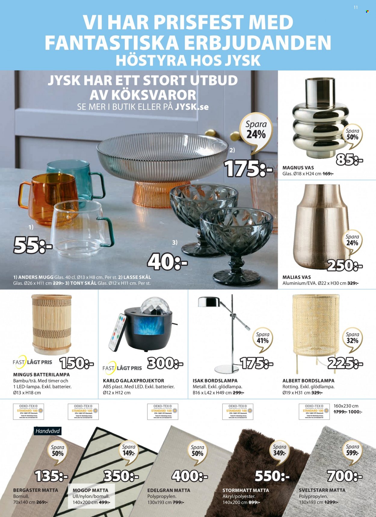 thumbnail - JYSK reklamblad - 19/9 2022 - 2/10 2022 - varor från reklamblad - veckotimer mekanisk, matta, mugg, skål, bordslampa, lampa, vas. Sida 11.
