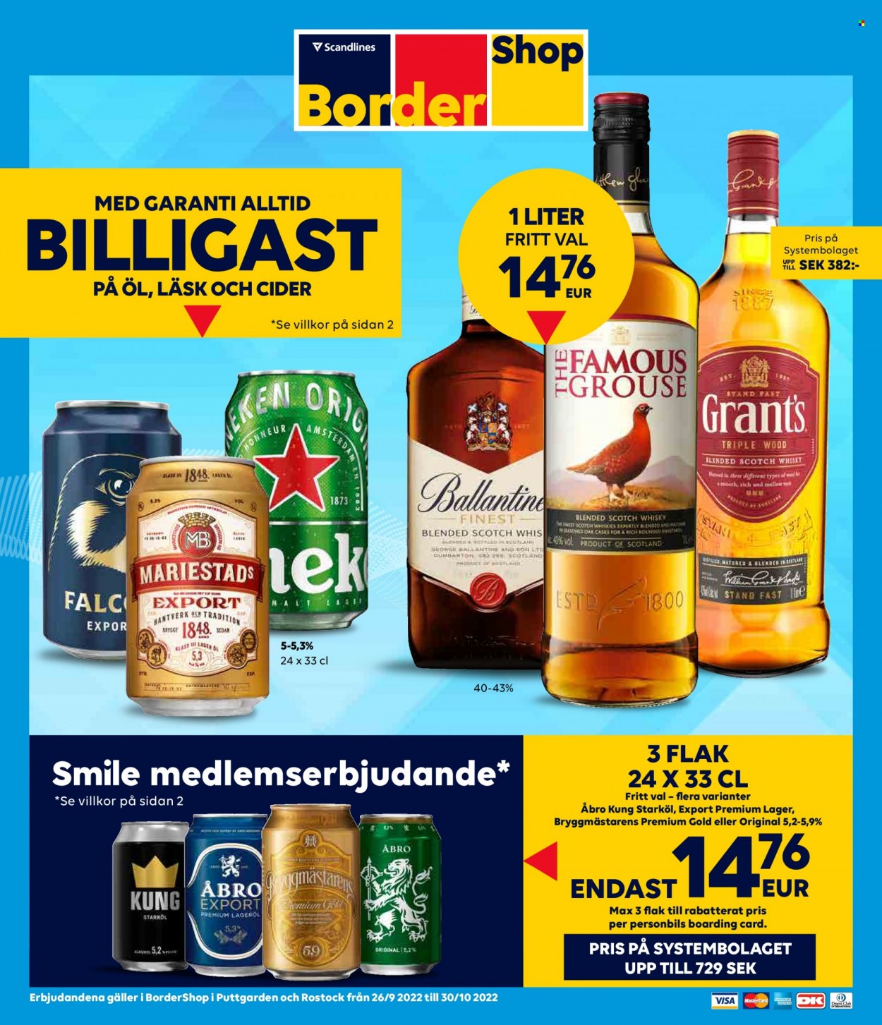 thumbnail - Border Shop reklamblad - 26/9 2022 - 30/10 2022 - varor från reklamblad - mariestads, starköl, Åbro, öl, cider, whisky, Blended Scotch Whisky, Grant‘s, scotch whisky. Sida 1.