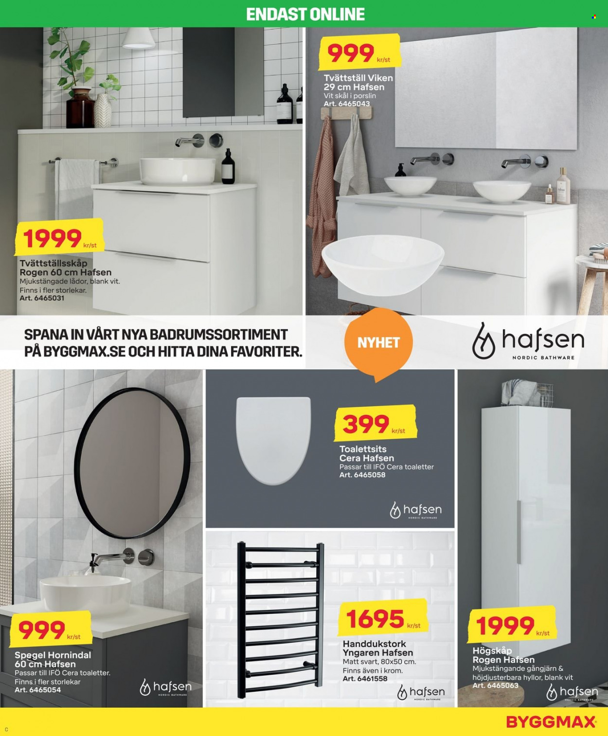 thumbnail - ByggMax reklamblad - 23/9 2022 - 9/10 2022 - varor från reklamblad - spegel, tvättställsskåp, toalettsits, tvättställ. Sida 7.
