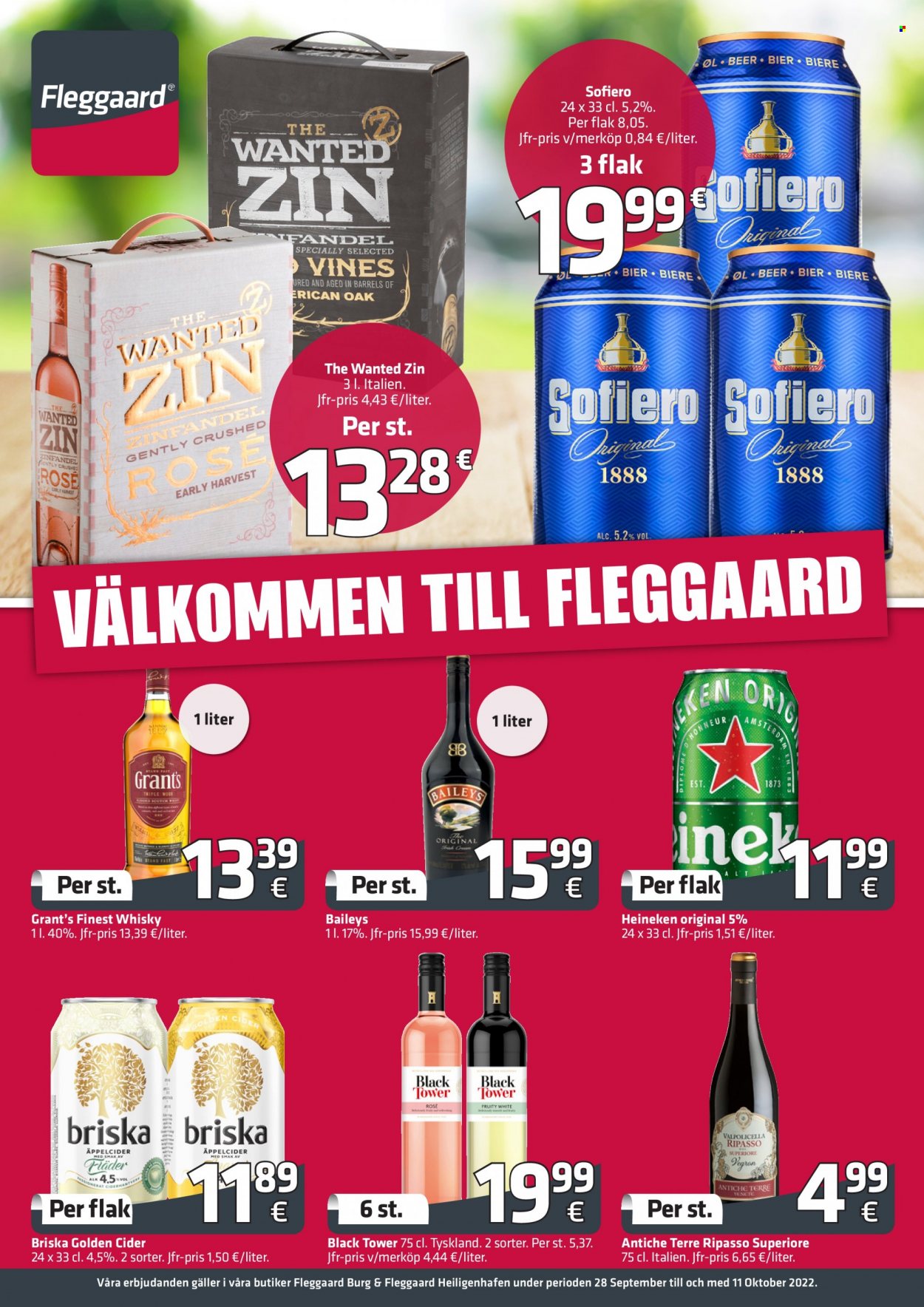 thumbnail - Fleggaard reklamblad - 28/9 2022 - 11/10 2022 - varor från reklamblad - Briska, Heineken, Sofiero, The Wanted, cider, whisky, Grant‘s, Baileys. Sida 1.