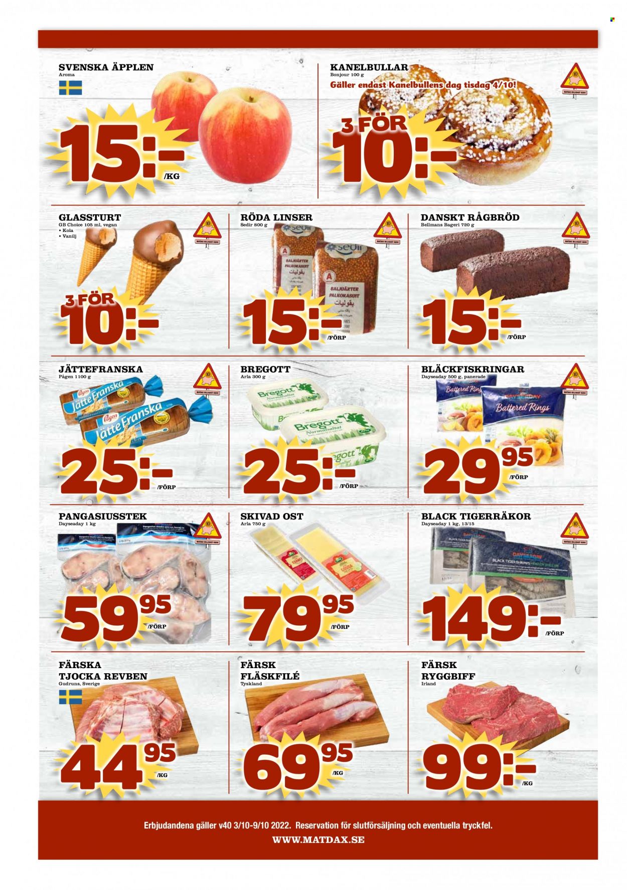 thumbnail - MatDax reklamblad - 3/10 2022 - 9/10 2022 - varor från reklamblad - äpplen, ryggbiff, nötkött, fläskfilé, revben, fläskkött, kanelbullar, ost, Arla, skivad ost, Bregott. Sida 8.