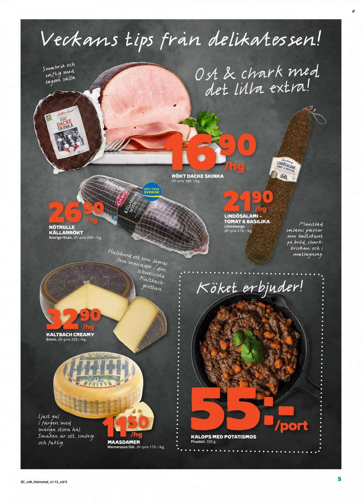 thumbnail - Stora Coop reklamblad - 28/11 2022 - 4/12 2022 - varor från reklamblad - bröd, tomat, salami, skinka, ost, basilika. Sida 5.