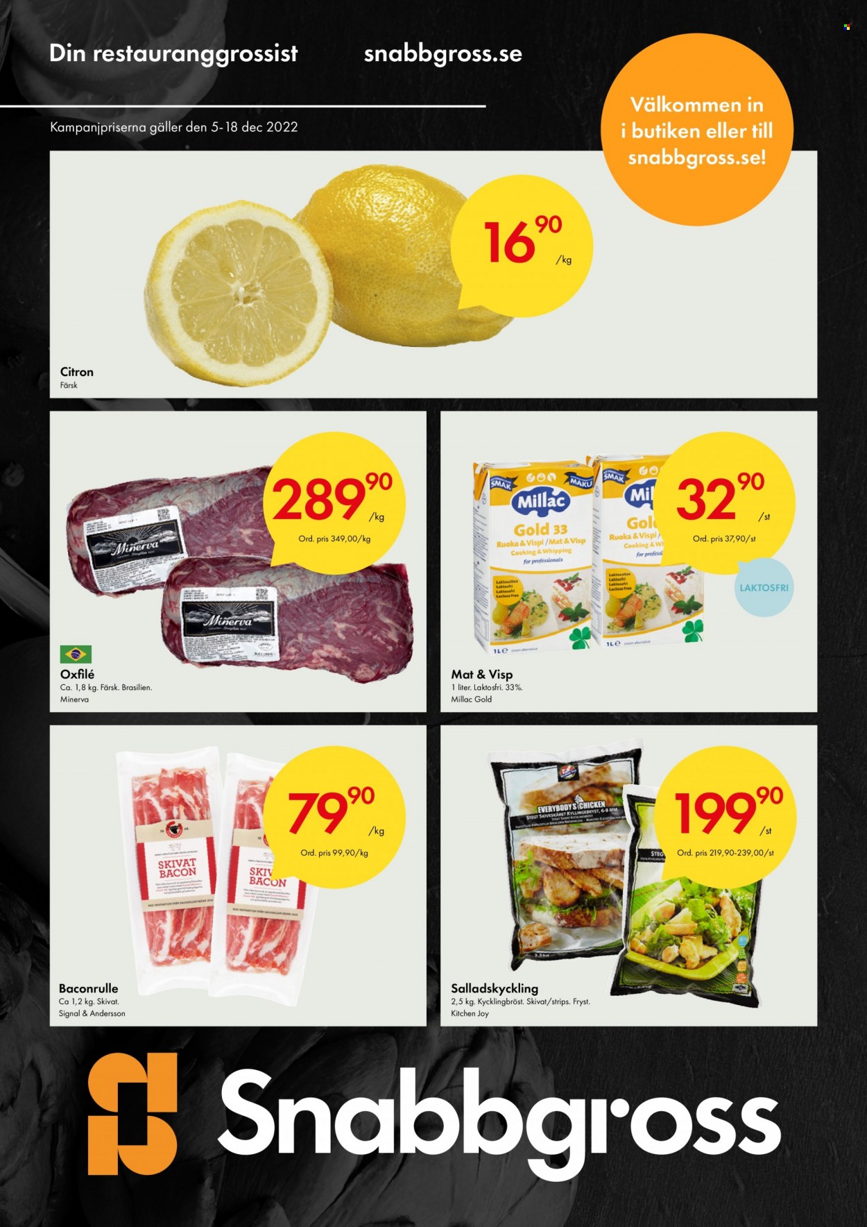 thumbnail - Axfood Snabbgross reklamblad - 5/12 2022 - 18/12 2022 - varor från reklamblad - citroner, oxfilé, nötkött, bacon. Sida 1.