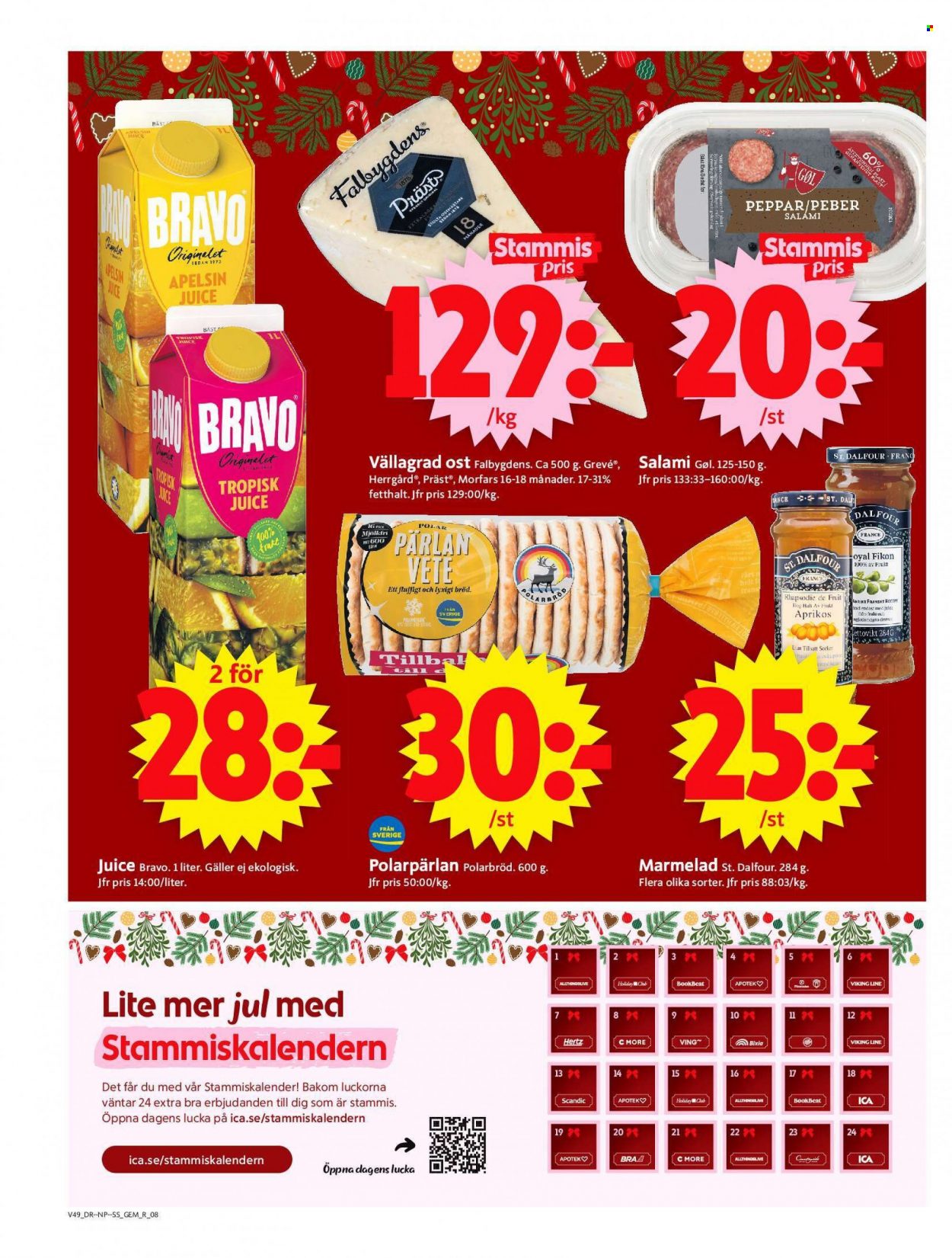 thumbnail - ICA reklamblad - 5/12 2022 - 11/12 2022 - varor från reklamblad - bröd, Polarbröd, salami, ost, Präst, Grevé, Herrgård, marmelad, juice. Sida 8.