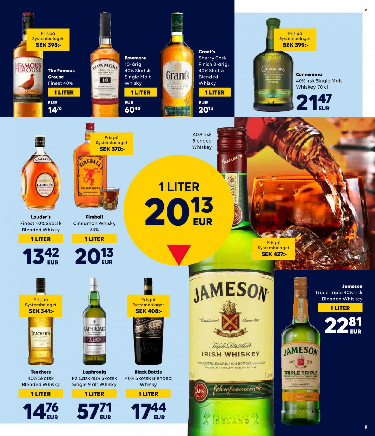 thumbnail - Border Shop reklamblad - 31/12 2022 - 26/2 2023 - varor från reklamblad - whisky, Famous Grouse, Grant‘s, Laphroaig, Jameson. Sida 9.