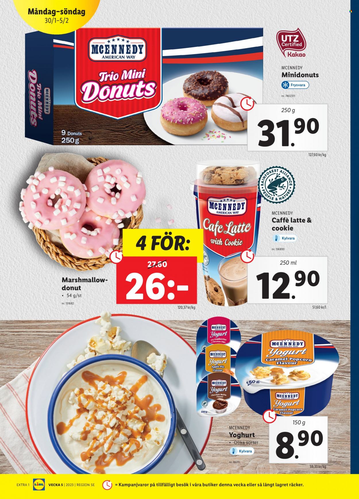 Lidl reklamblad - 30/1 2023 - 5/2 2023 - varor från reklamblad - donut, yoghurt, popcorn, Apple. Sida 14.