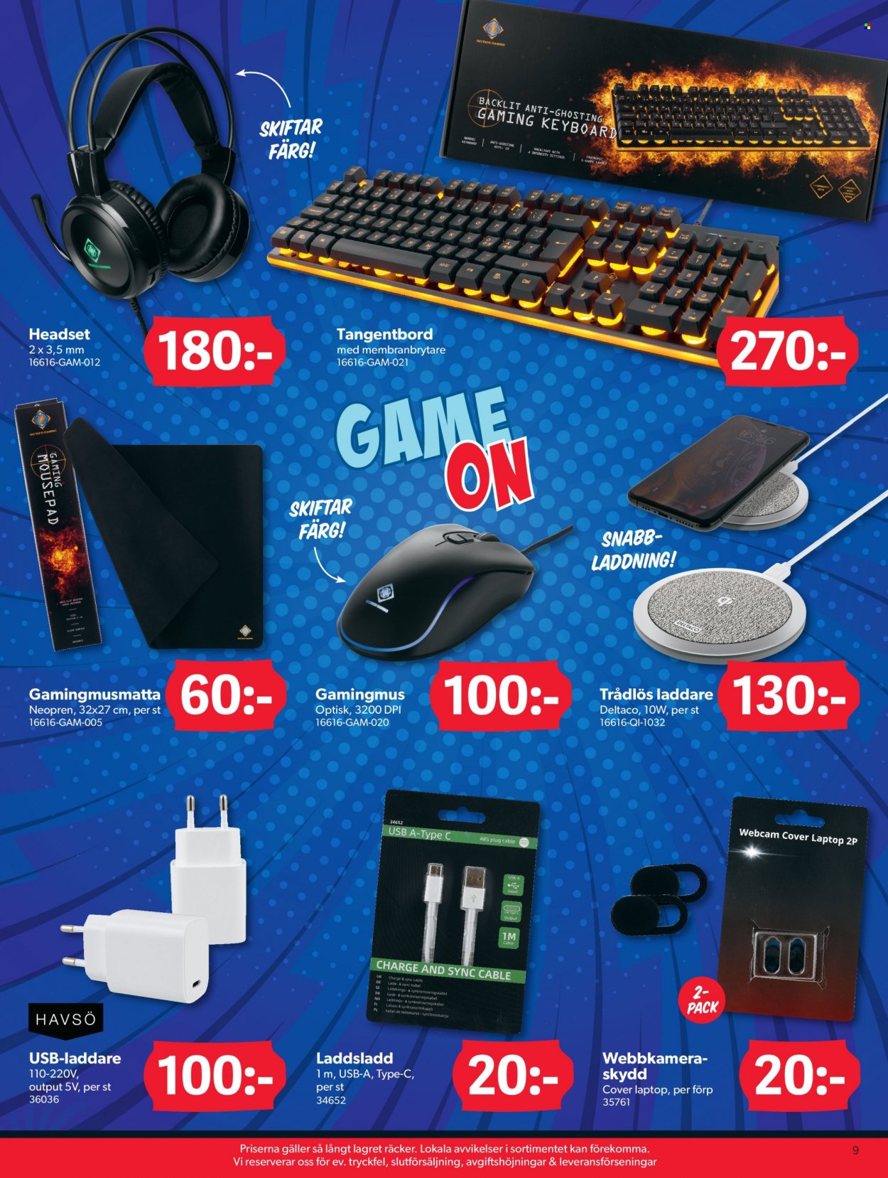 thumbnail - DollarStore reklamblad - varor från reklamblad - trådlös laddare, USB-laddare, tangentbord, gaming-mouse, gaming-musmatta, keyboard. Sida 9.