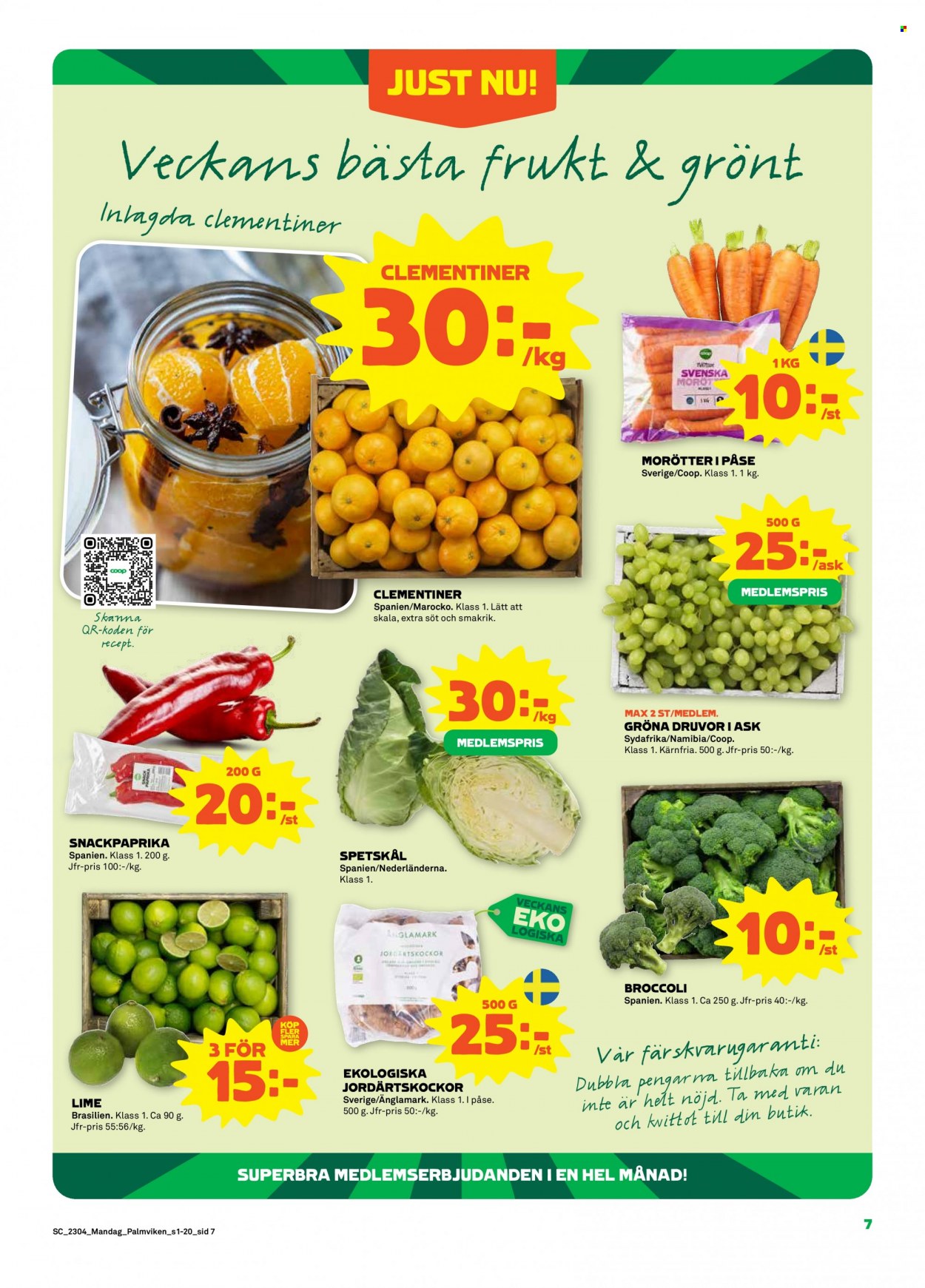 thumbnail - Coop reklamblad - 23/1 2023 - 29/1 2023 - varor från reklamblad - clementiner, gröna druvor, broccoli, morötter. Sida 7.