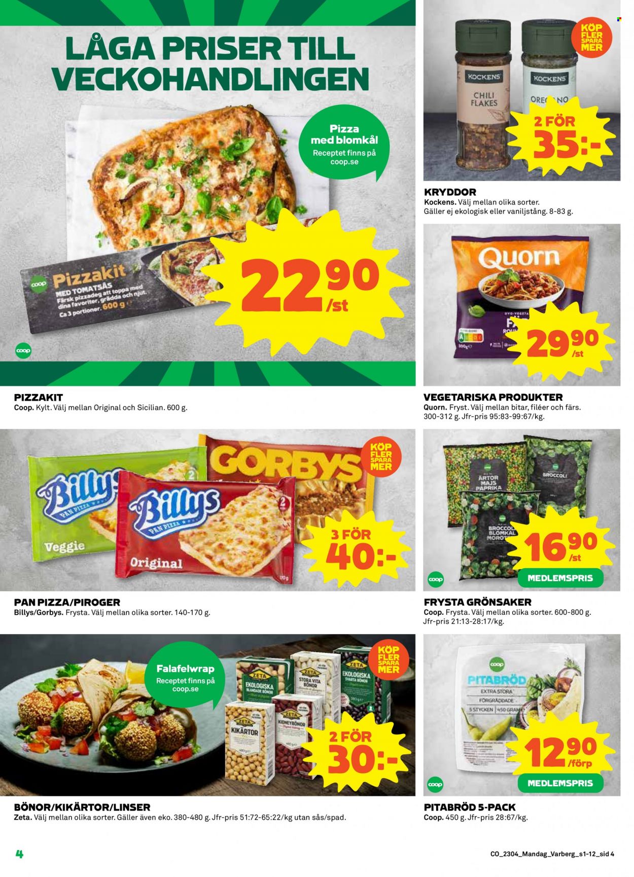 thumbnail - Coop reklamblad - 23/1 2023 - 29/1 2023 - varor från reklamblad - pitabröd, paprika, blomkål, broccoli, morötter, majs, Quorn, piroger, pizzadeg, pizzakit, Pan Pizza, Kockens, kidneybönor, kryddor. Sida 4.