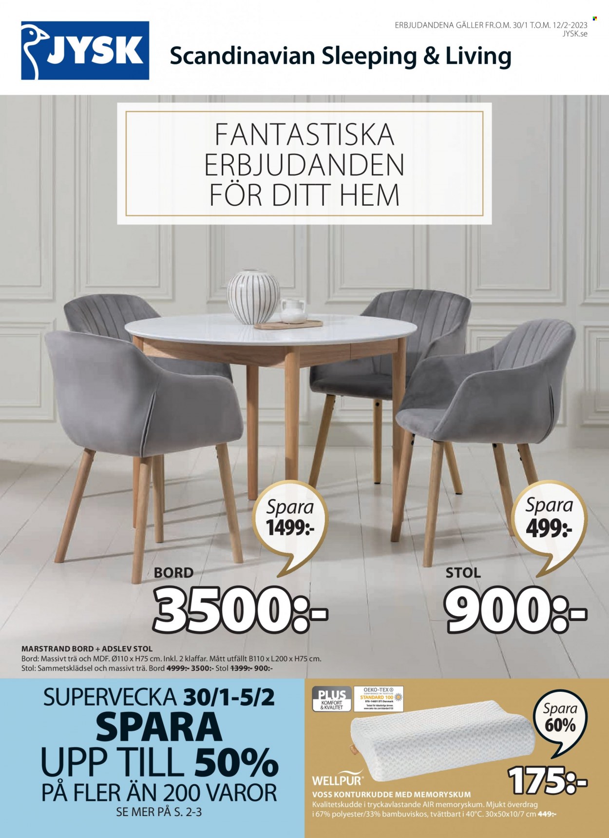 thumbnail - JYSK reklamblad - 30/1 2023 - 12/2 2023 - varor från reklamblad - bord, matbord, stol, konturkudde. Sida 1.