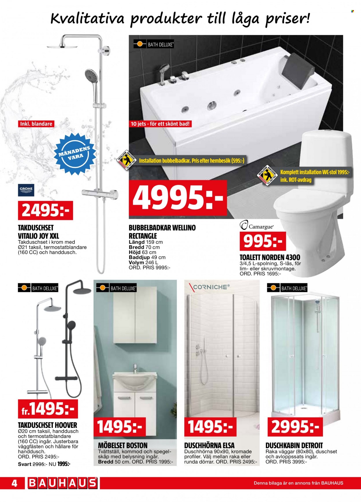 thumbnail - Bauhaus reklamblad - 30/1 2023 - 12/2 2023 - varor från reklamblad - kommod, stol, duschhörna, handdusch, tvättställ, duschset, toalett. Sida 4.