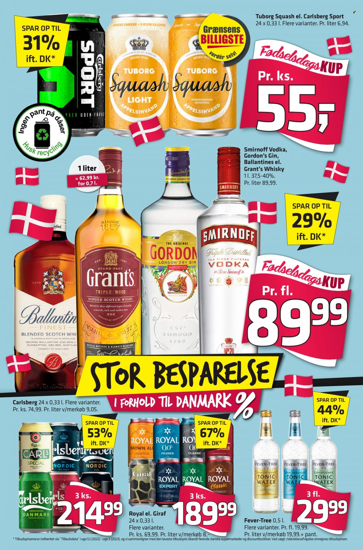 Fleggaard reklamblad - 15/3 2023 - 28/3 2023 - varor från reklamblad - Carlsberg, Tuborg, öl, whisky, Ballantine's, Grant‘s, Smirnoff, Vodka, Gordon’s Gin, gin, Via. Sida 3.