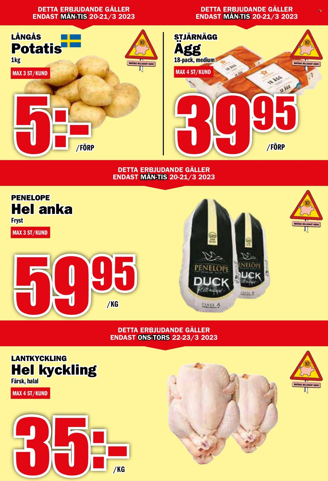 thumbnail - MatDax reklamblad - 20/3 2023 - 26/3 2023 - varor från reklamblad - hel kyckling, kyckling, hel anka, anka, potatis, ägg, Duck. Sida 2.