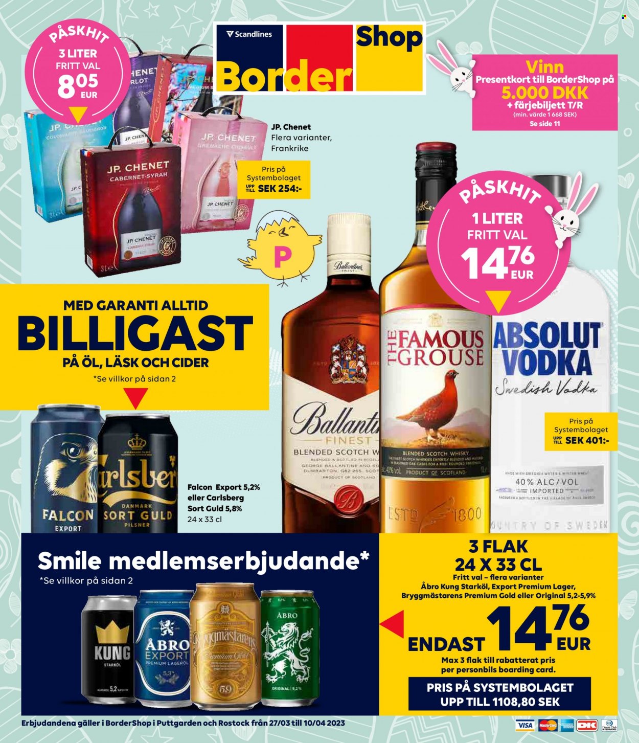 thumbnail - Border Shop reklamblad - 27/3 2023 - 2/4 2023 - varor från reklamblad - Carlsberg, starköl, Åbro, öl, cider. Sida 1.