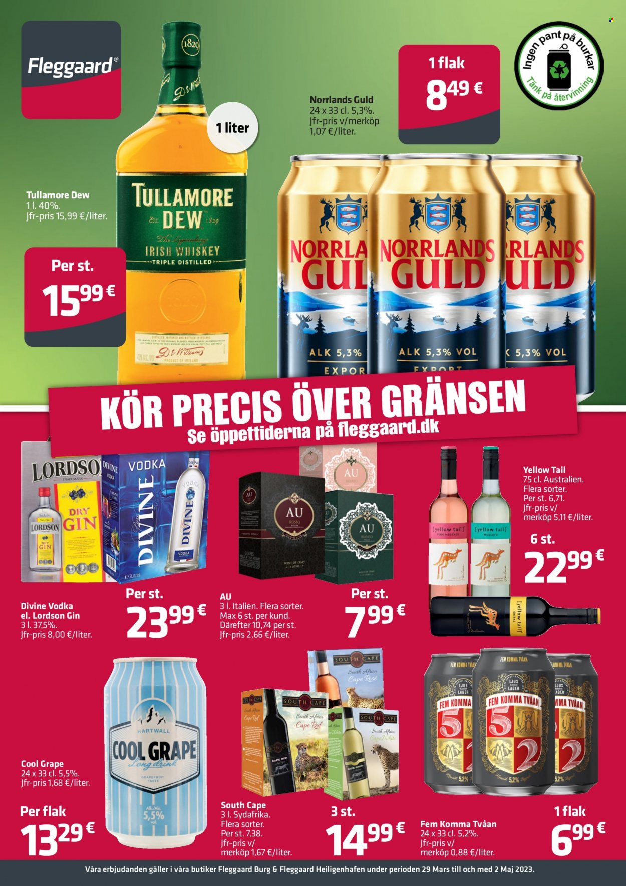 thumbnail - Fleggaard reklamblad - 29/3 2023 - 2/5 2023 - varor från reklamblad - Norrlands Guld, Cool Grape, Tullamore Dew, Vodka, gin, cape. Sida 1.