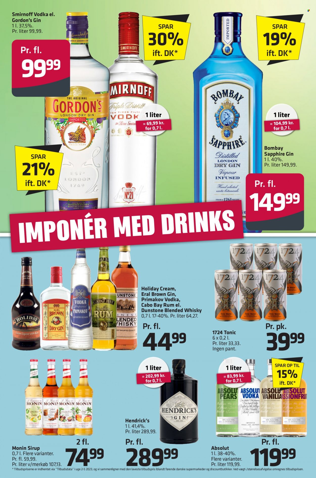 thumbnail - Fleggaard reklamblad - 29/3 2023 - 11/4 2023 - varor från reklamblad - whisky, rum, Smirnoff, Vodka, Gordon’s Gin, Absolut, gin, Via. Sida 30.