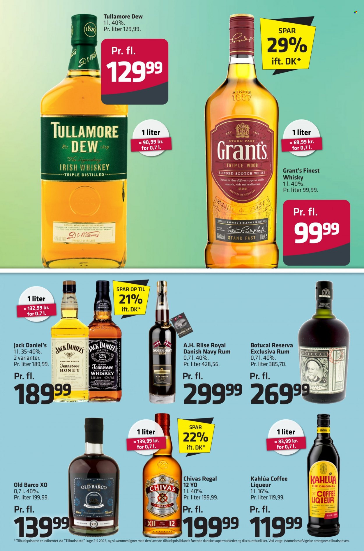 thumbnail - Fleggaard reklamblad - 29/3 2023 - 11/4 2023 - varor från reklamblad - whisky, Grant‘s, liqueur, rum, Tullamore Dew, Kahlua, Irish Whiskey, Jack Daniel's, Chivas Regal, whiskey, Via, mask, Scotch. Sida 31.