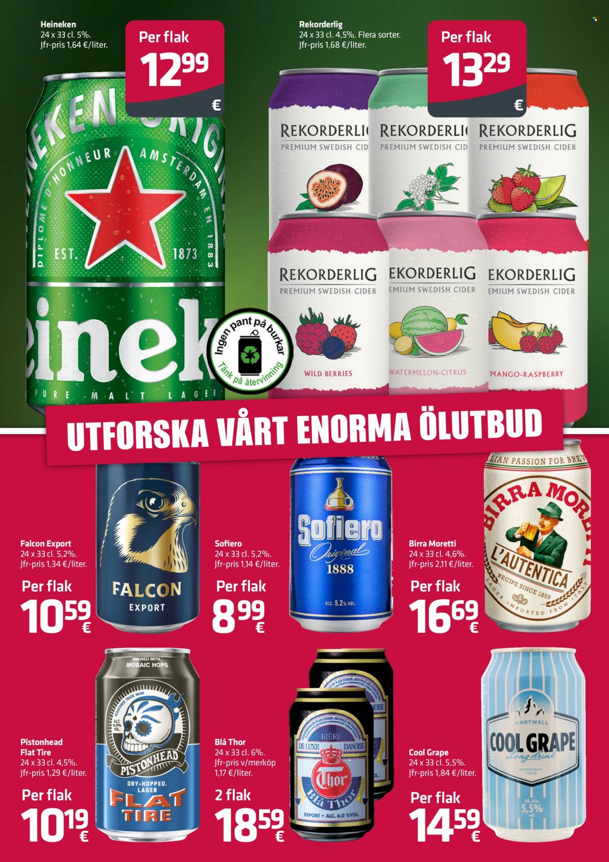 thumbnail - Fleggaard reklamblad - 24/5 2023 - 27/6 2023 - varor från reklamblad - öl, Thor, Flat Tire, Heineken, Sofiero, mango, drink, Falcon, cider, Cool Grape. Sida 3.