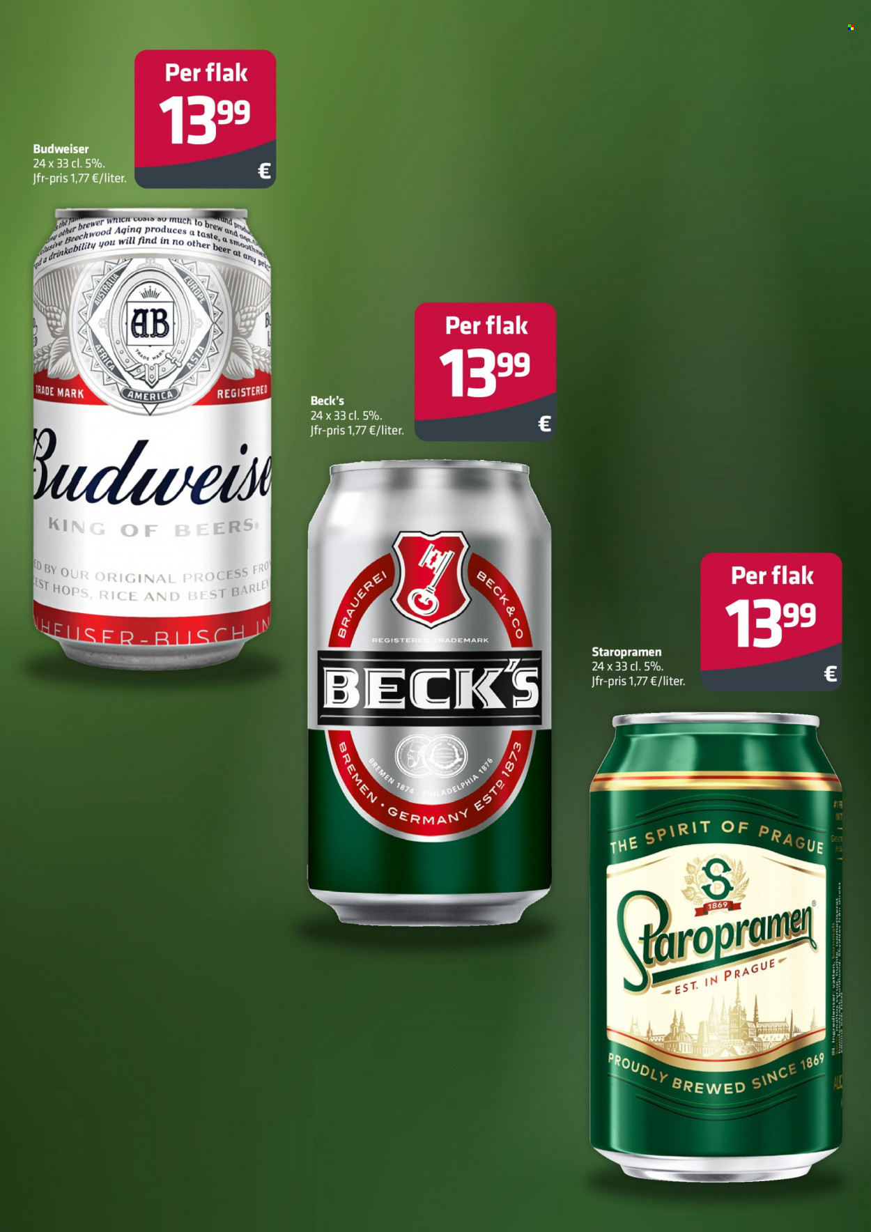 thumbnail - Fleggaard reklamblad - 24/5 2023 - 27/6 2023 - varor från reklamblad - Beck's, Budweiser, Staropramen, öl, philadelphia. Sida 5.