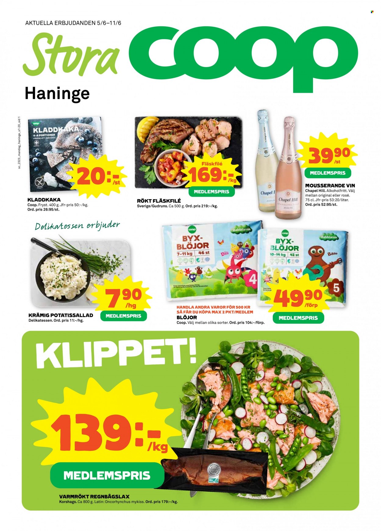 thumbnail - Coop Forum reklamblad - 5/6 2023 - 11/6 2023 - varor från reklamblad - fläskfilé, fläskkött, lax, potatissallad, vin, blöjor. Sida 1.