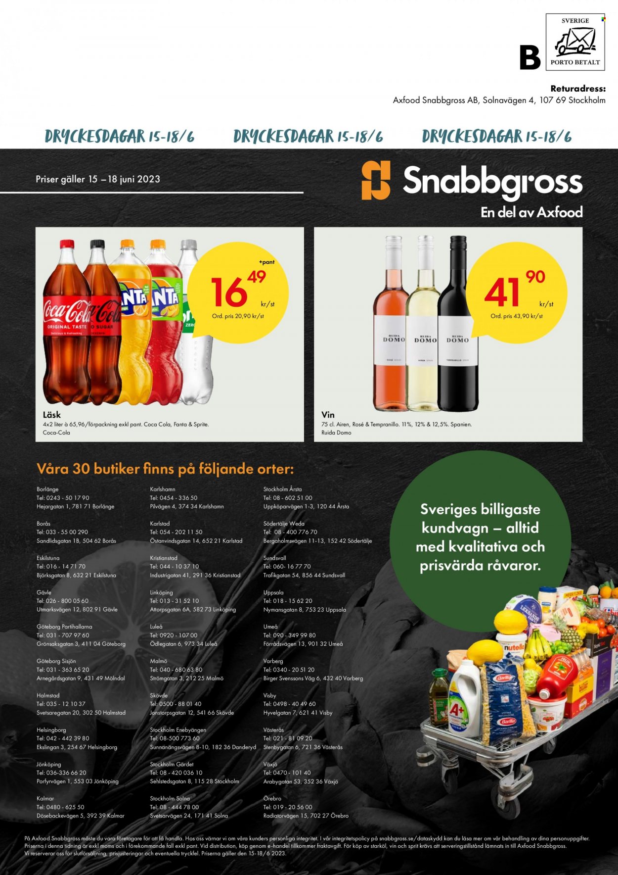 thumbnail - Axfood Snabbgross reklamblad - 15/6 2023 - 18/6 2023 - varor från reklamblad - kalmar, Fanta, Sprite, Coca-Cola, vin. Sida 8.