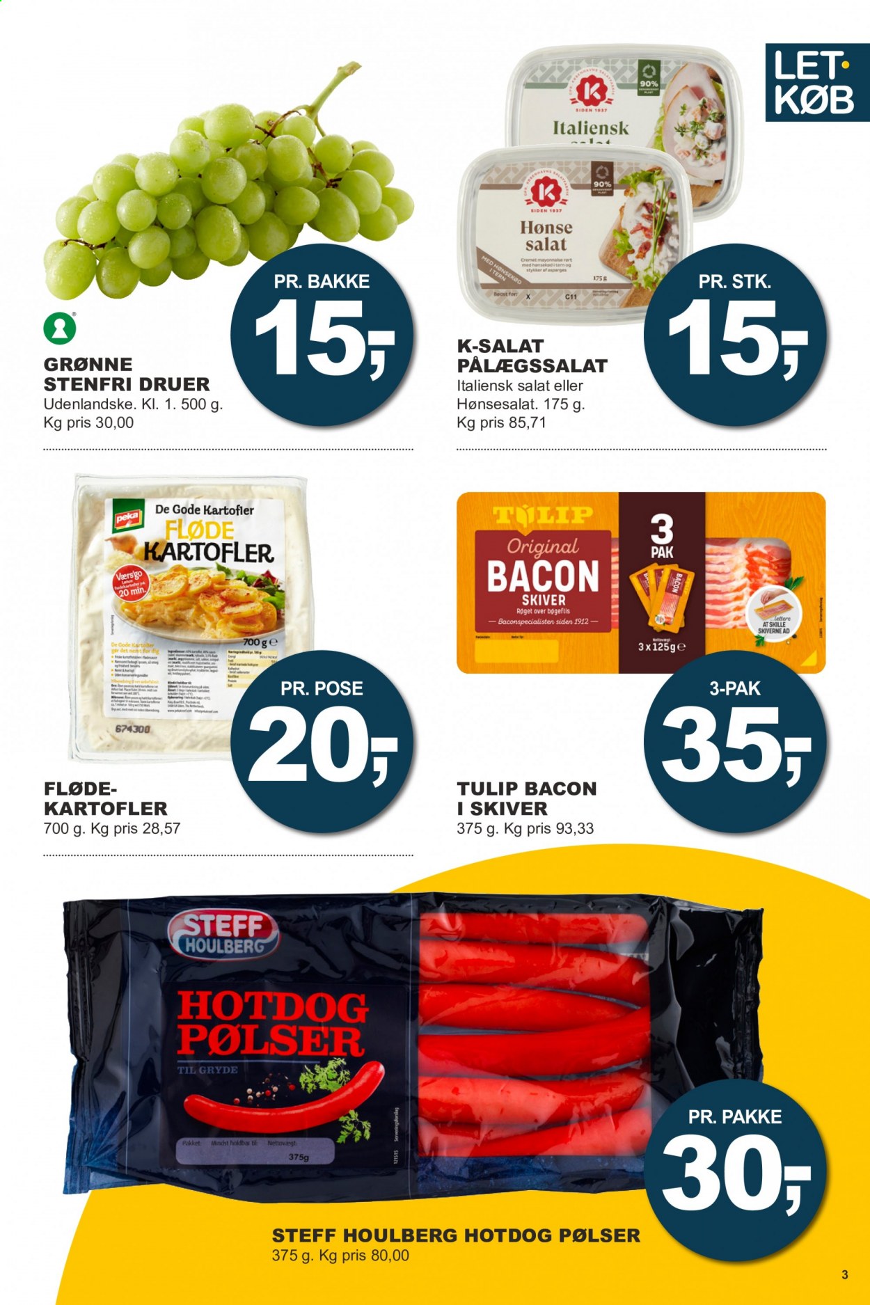 thumbnail - Let-Køb tilbud  - 26.4.2021 - 9.5.2021 - tilbudsprodukter - vindruer, hot dog, Steff Houlberg, flødekartofler, bacon, hotdog pølser, pølser, pålægssalat, mayonnaise. Side 3.
