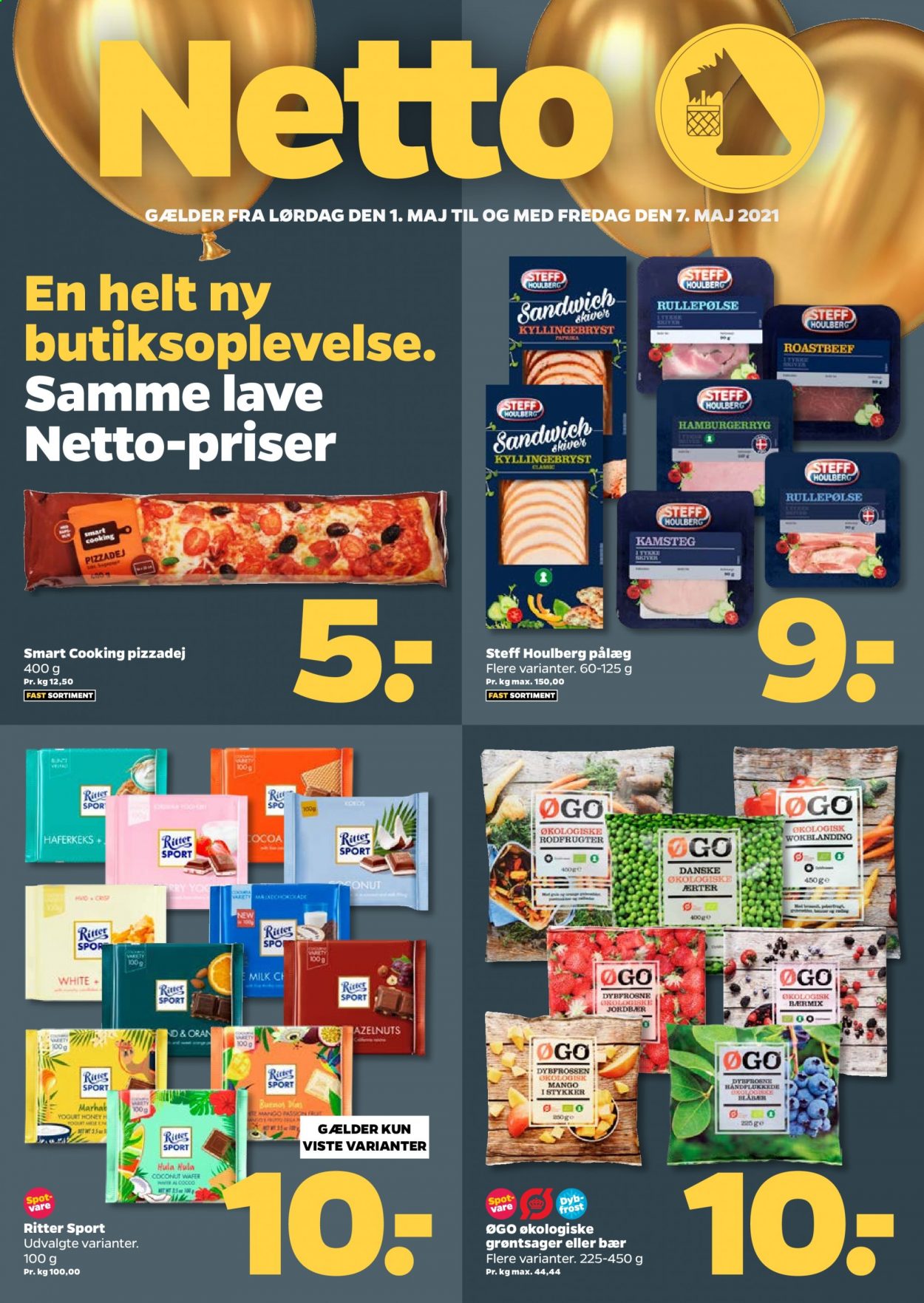 thumbnail - Netto tilbud  - 1.5.2021 - 7.5.2021 - tilbudsprodukter - mango, ærter, roastbeef, hamburgerryg, sandwich, Steff Houlberg, pålæg, pizzadej, ritter sport. Side 1.