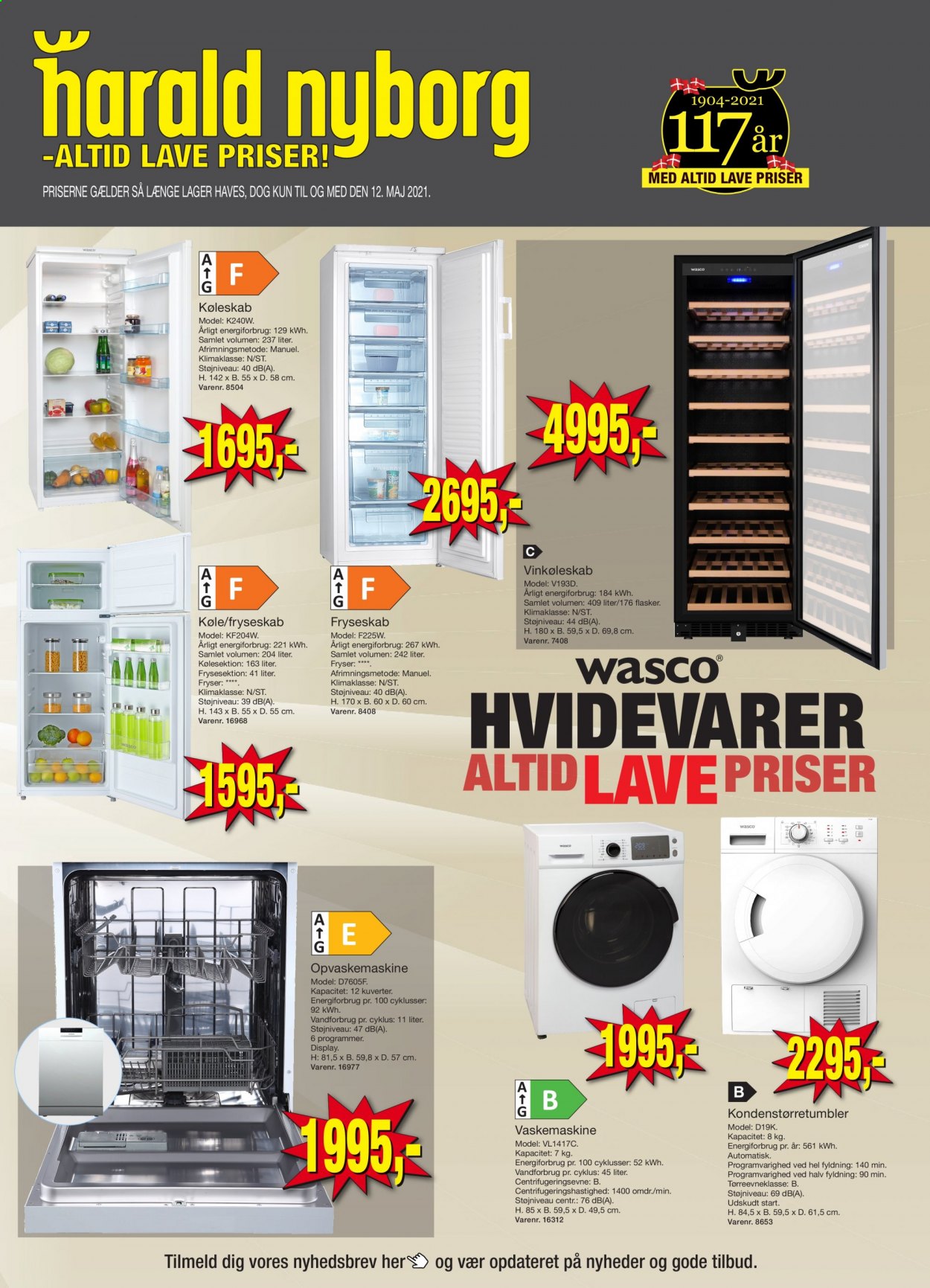 thumbnail - Harald Nyborg tilbud  - 6.5.2021 - 12.5.2021 - tilbudsprodukter - fryser, køleskab, vinkøleskab, opvaskemaskine. Side 1.