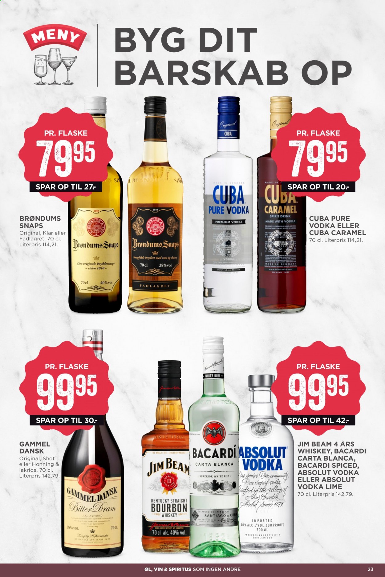 thumbnail - MENY tilbud  - 14.5.2021 - 20.5.2021 - tilbudsprodukter - Lime, lakrids, honning, vin, Bacardi, bourbon, Jim Beam, rom, sherry, snaps, spiritus, vodka, whisky. Side 23.