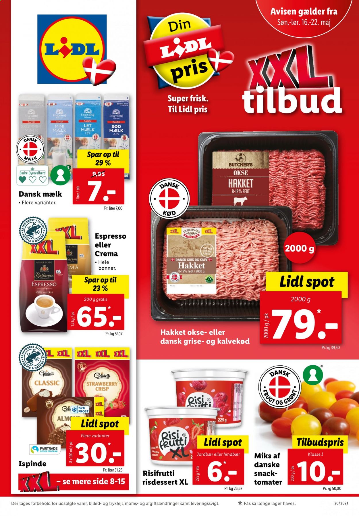 thumbnail - Lidl tilbud  - 16.5.2021 - 22.5.2021 - tilbudsprodukter - hindbær, jordbær, tomat, kalvekød, mælk, bønner, espresso. Side 1.